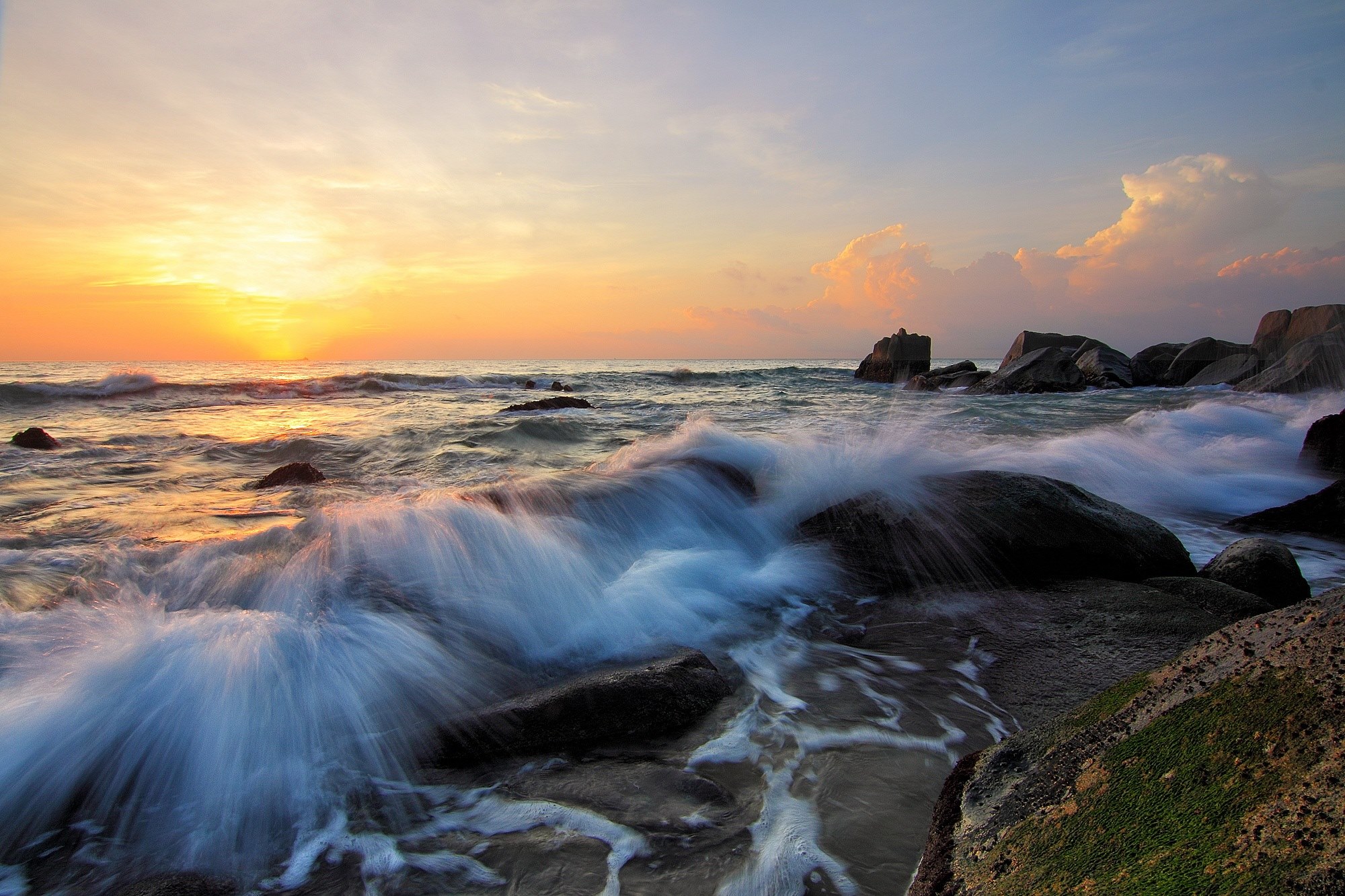 wave water ocean sea splash motion sunrise 4k, HD Wallpaper