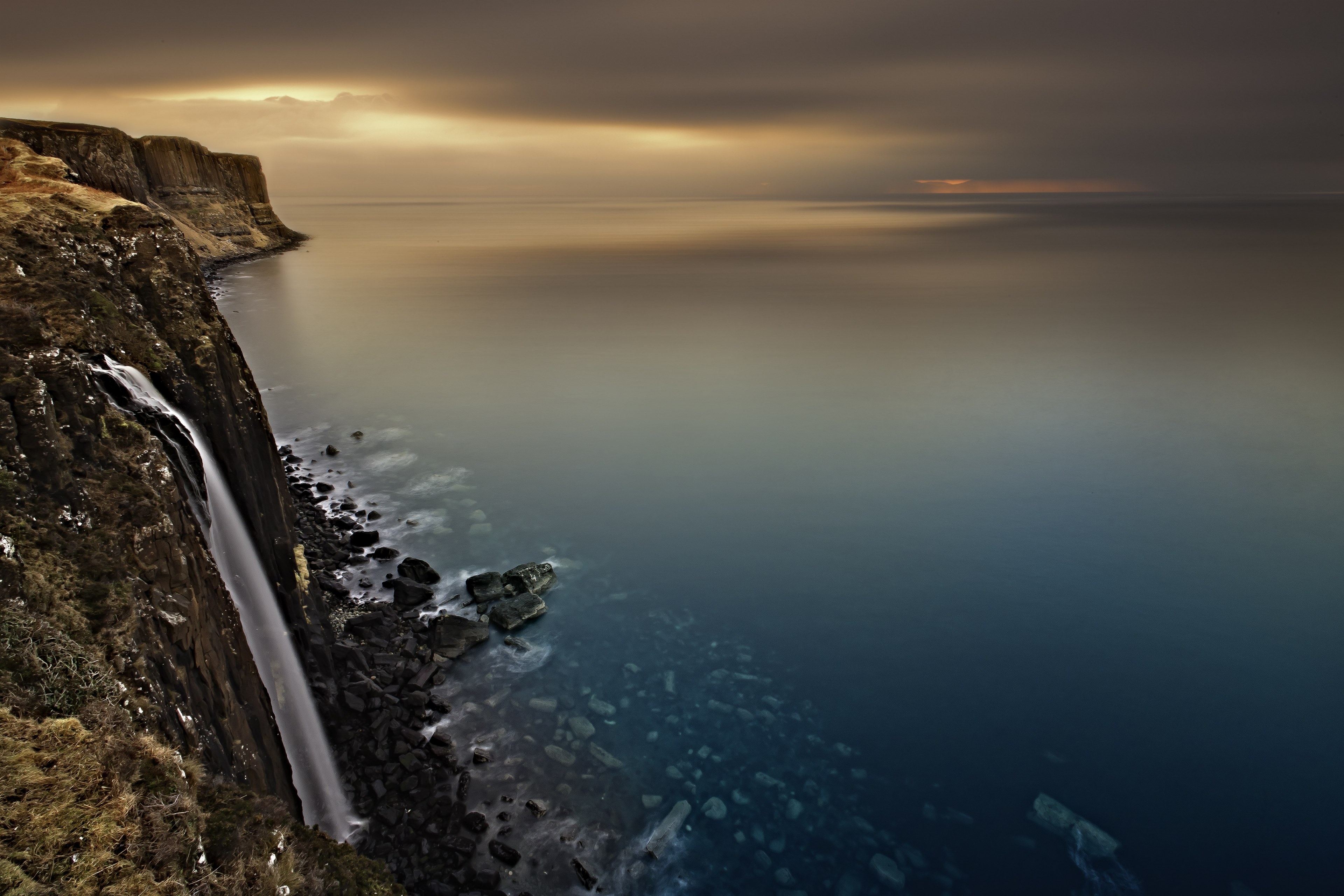 waterfall scotland isle of skye lake sky sunset 4k, HD Wallpaper