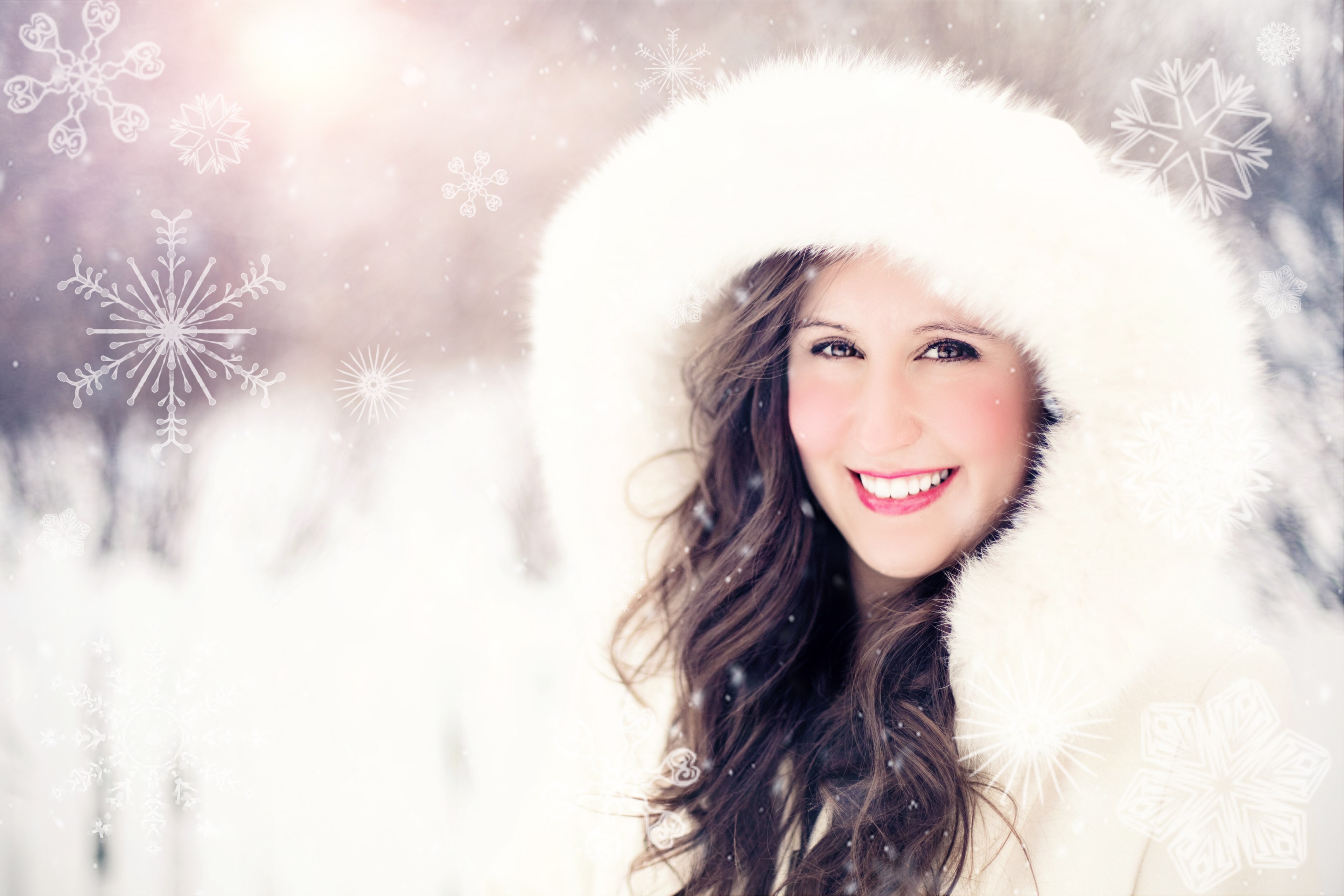 woman snow winter portrait snowflakes smiling 4k, HD Wallpaper