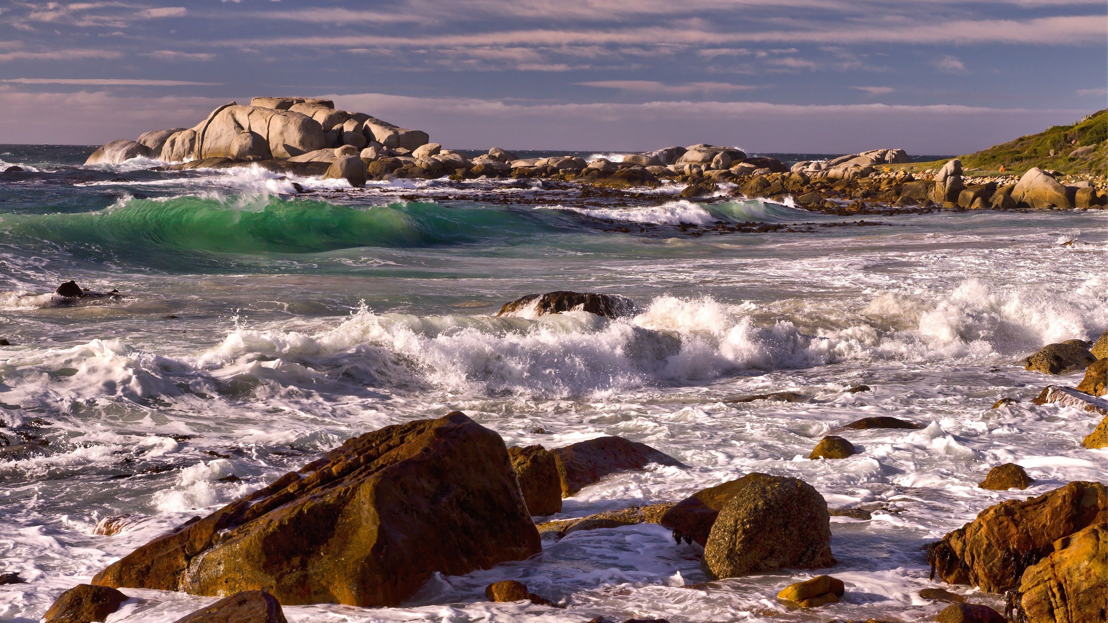sea, waves, rocks, landscape, 4k, HD Wallpaper