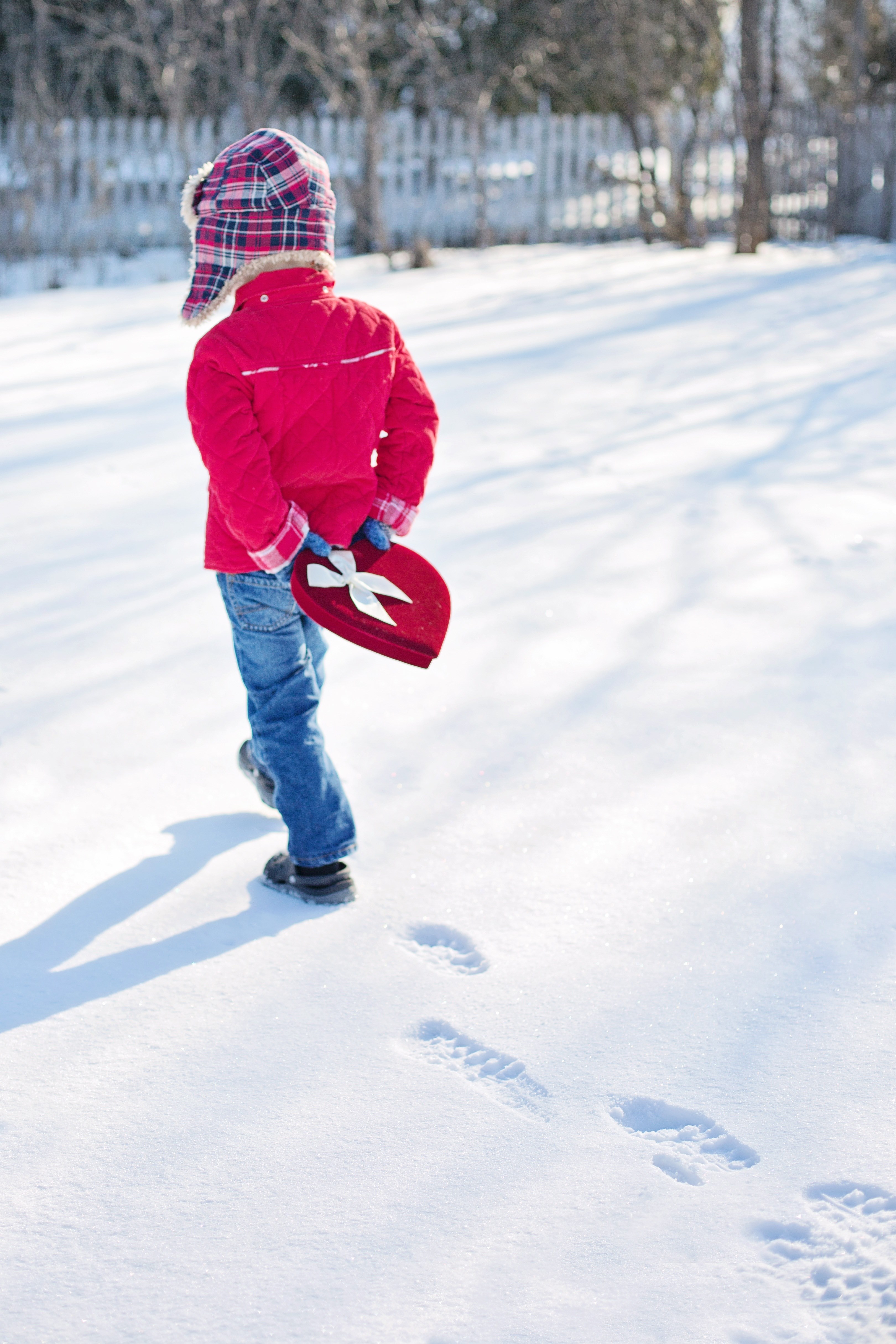 valentines day little boy snow winter heart 4k, Phone HD Wallpaper