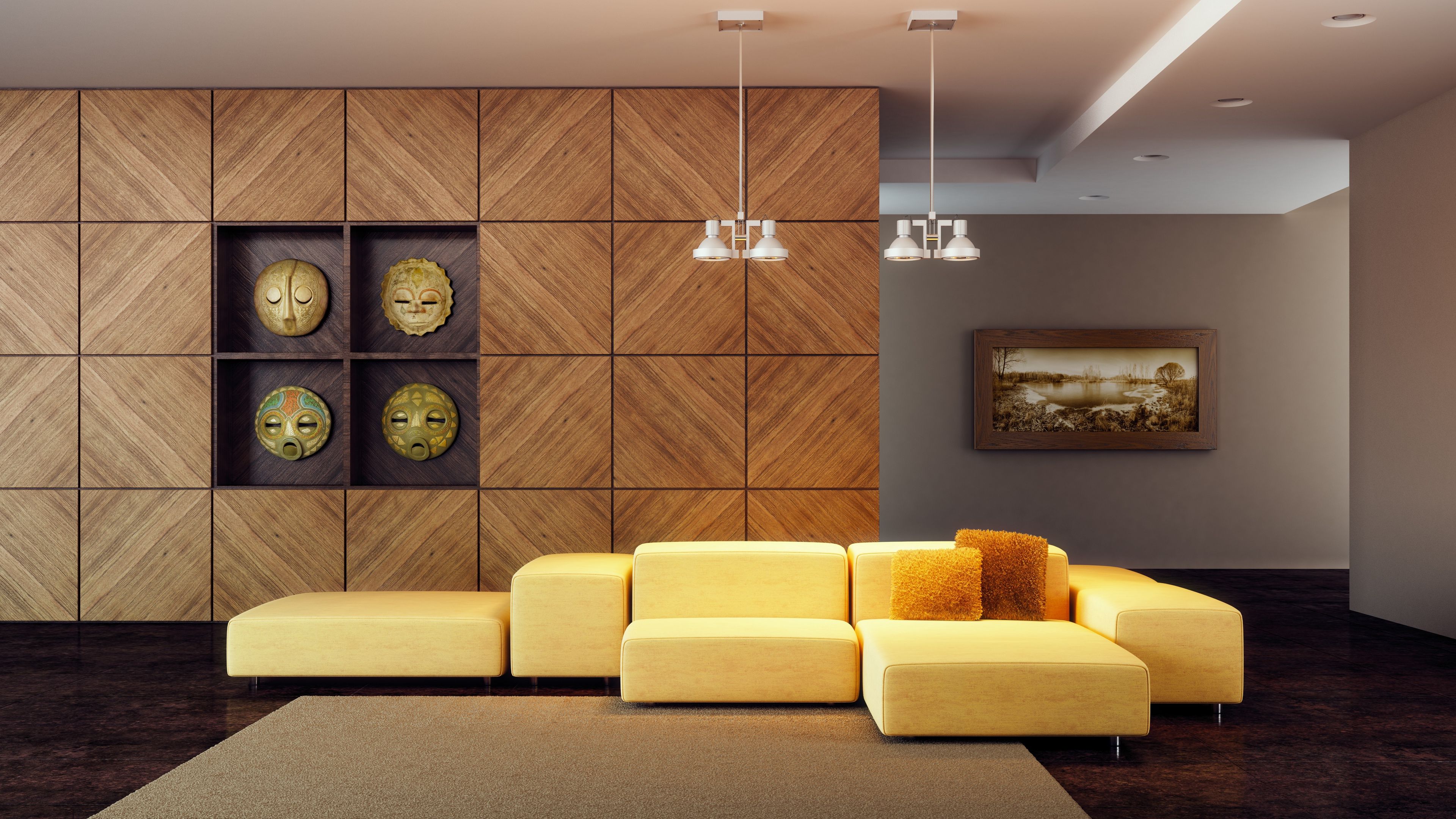 rug, sofa, cushion, painting, masks, style, 4k, HD Wallpaper