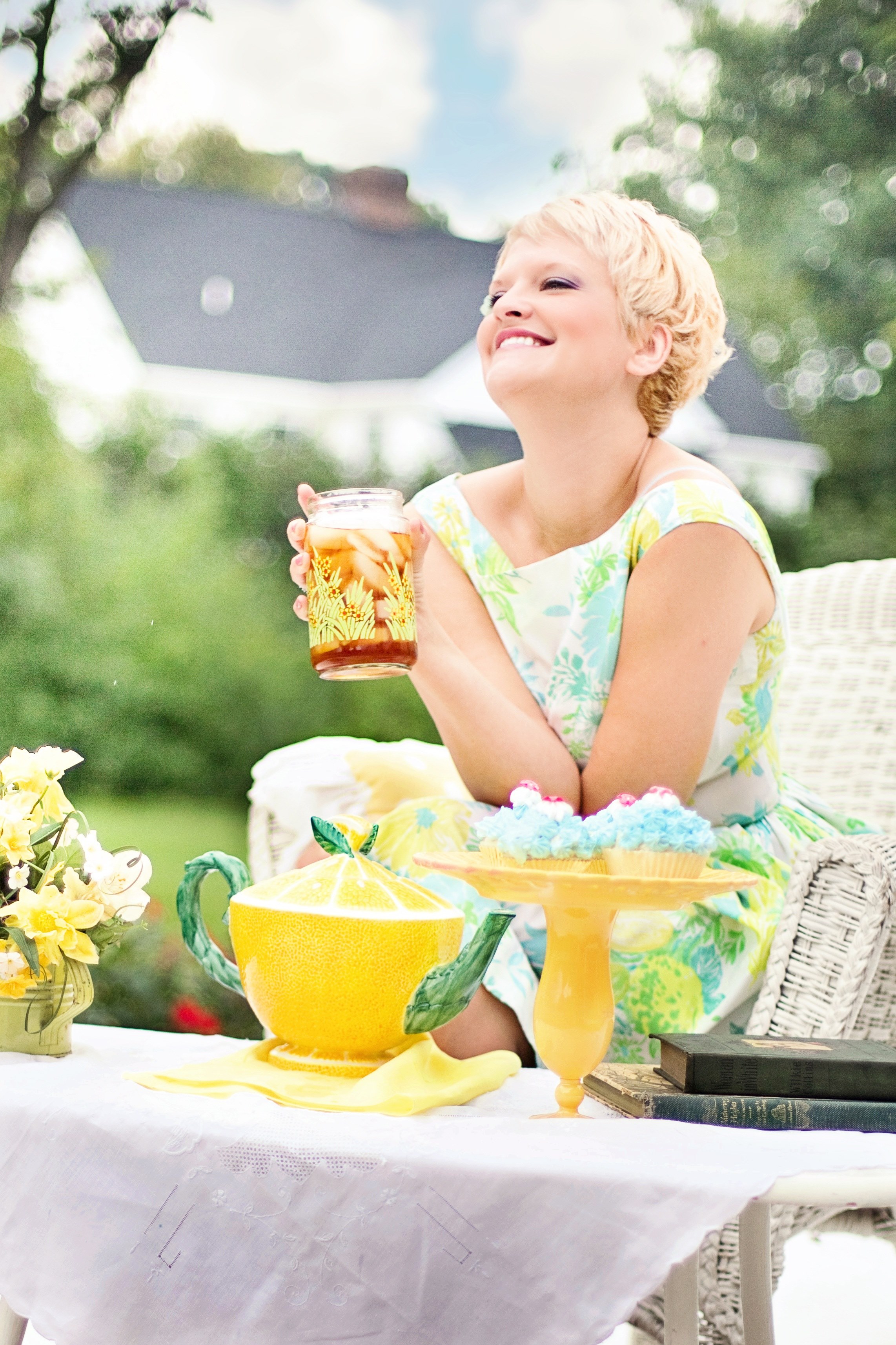 tea summer pretty young woman vintage teapot 4k, Phone HD Wallpaper