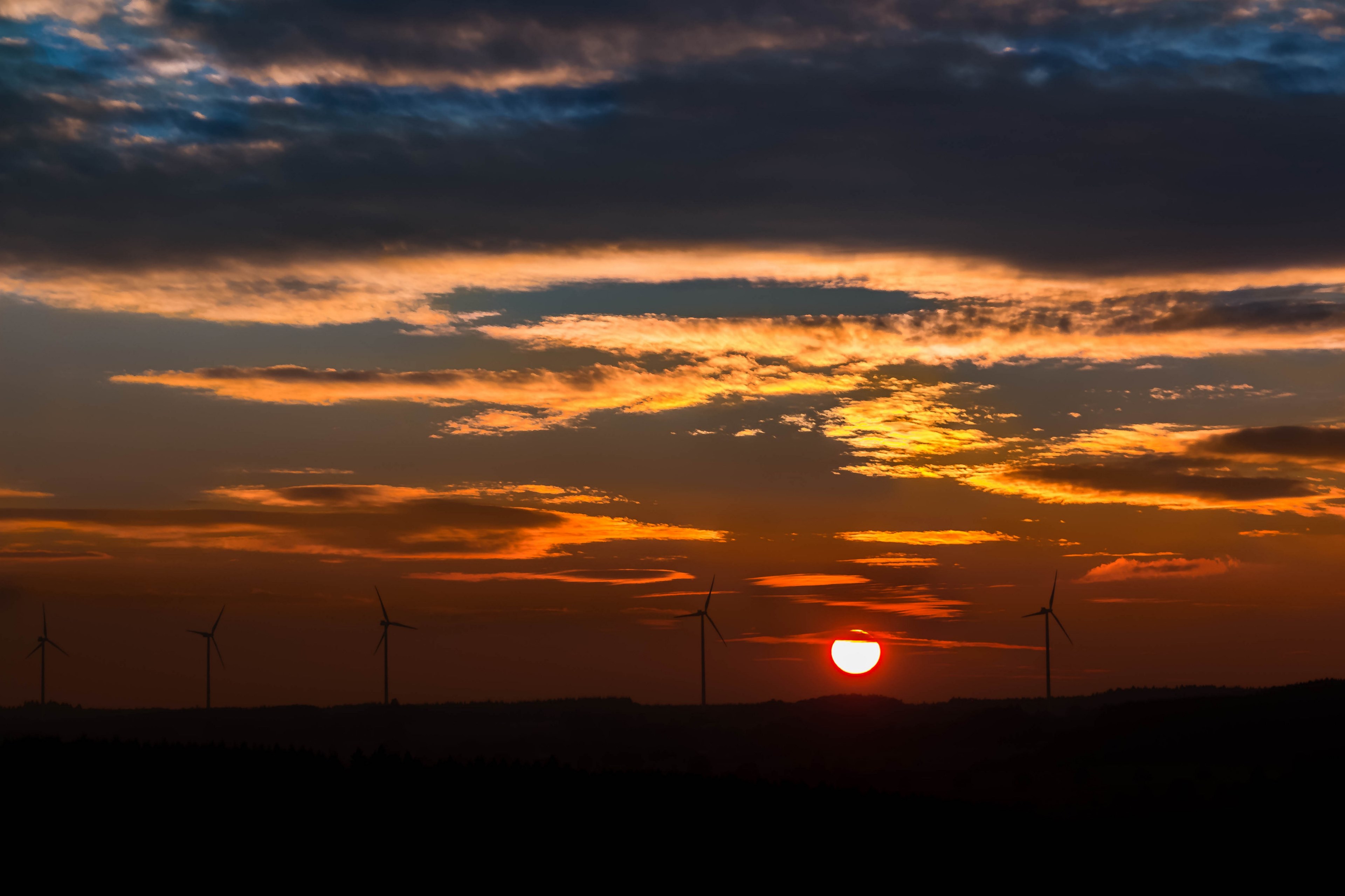 sunset sun windräder clouds forest afterglow 4k, HD Wallpaper