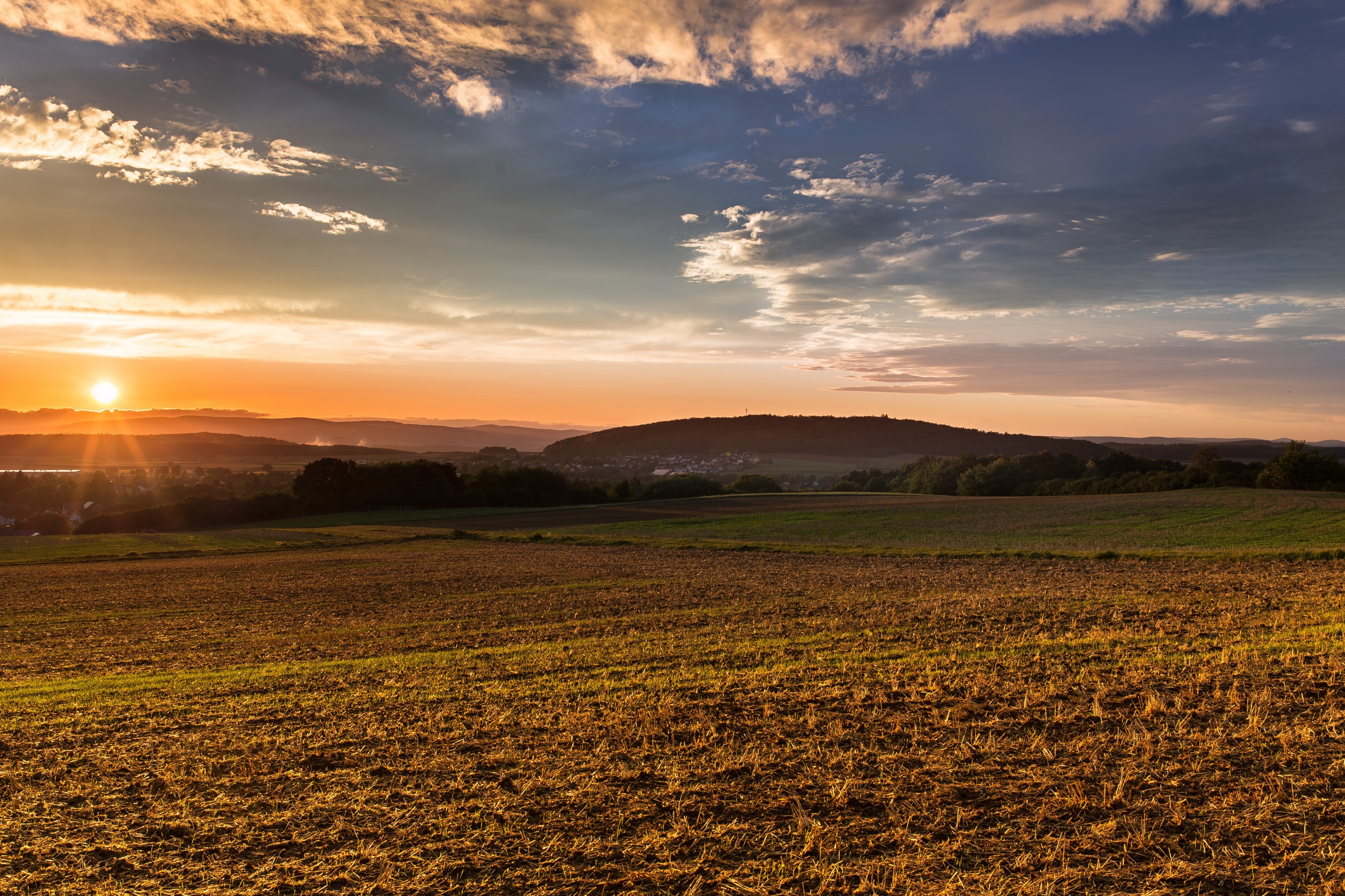 sunset mood sun afterglow fields landscape 4k, HD Wallpaper