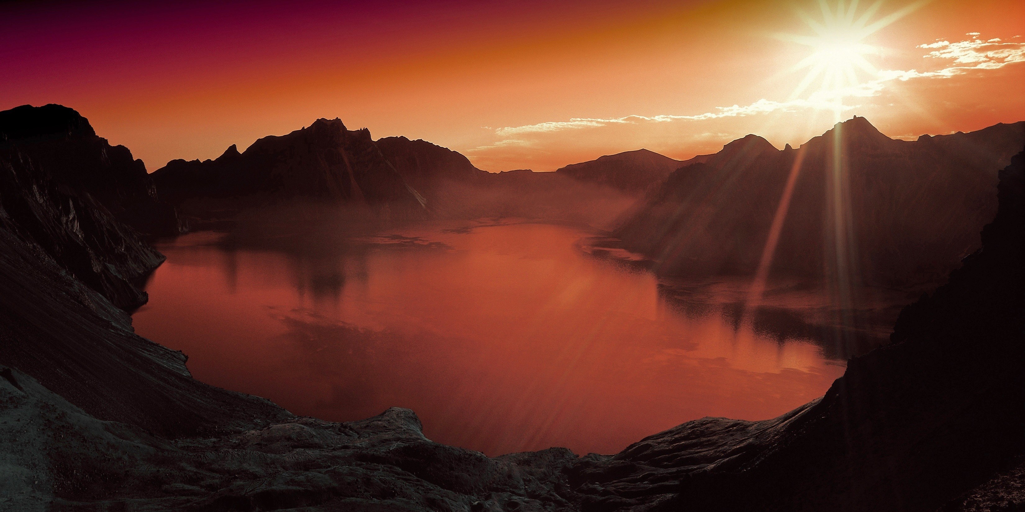 sunset lake mountain scenery landscape nature 4k, HD Wallpaper