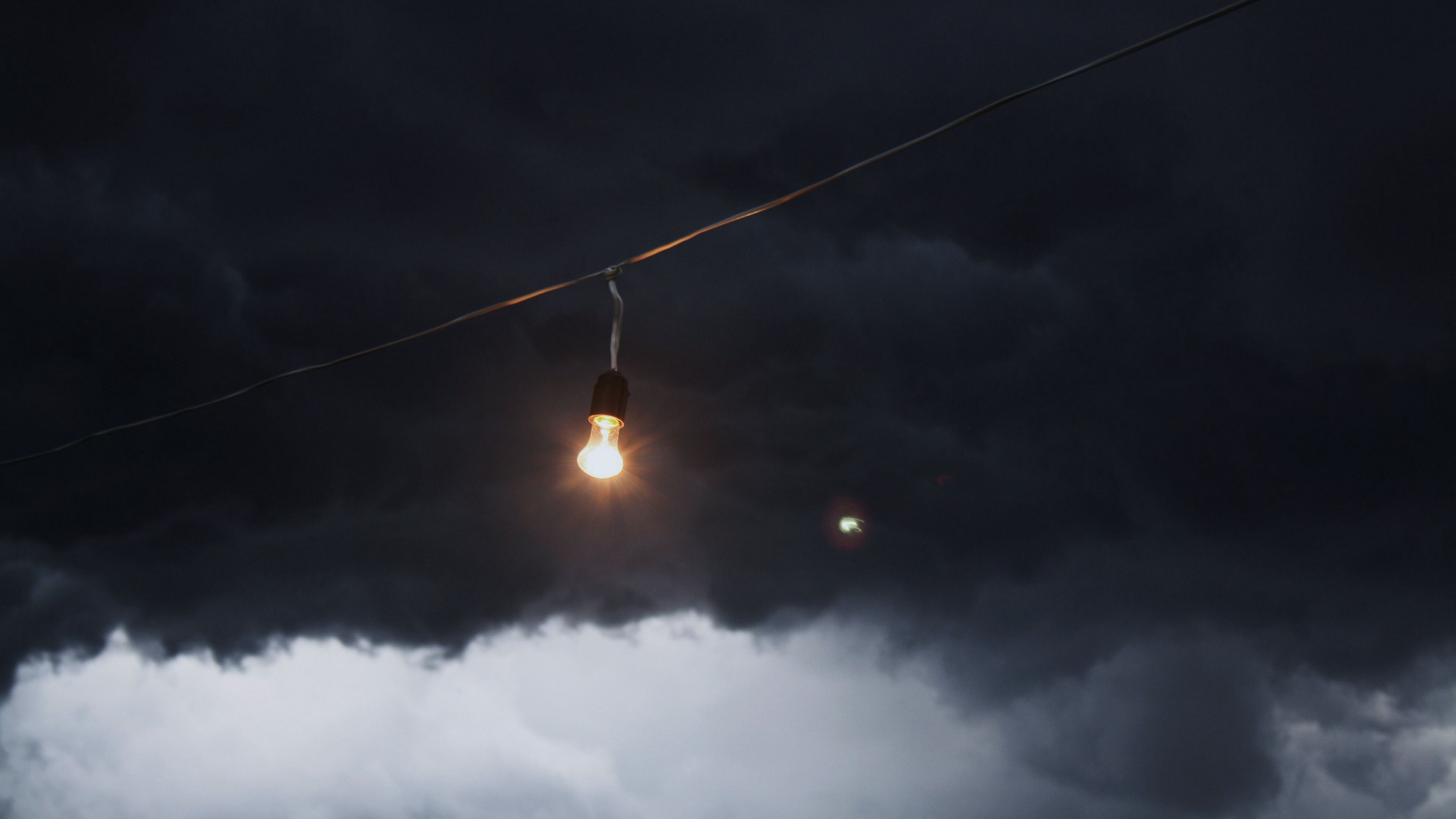 clouds, light bulb, wire, 4k, HD Wallpaper