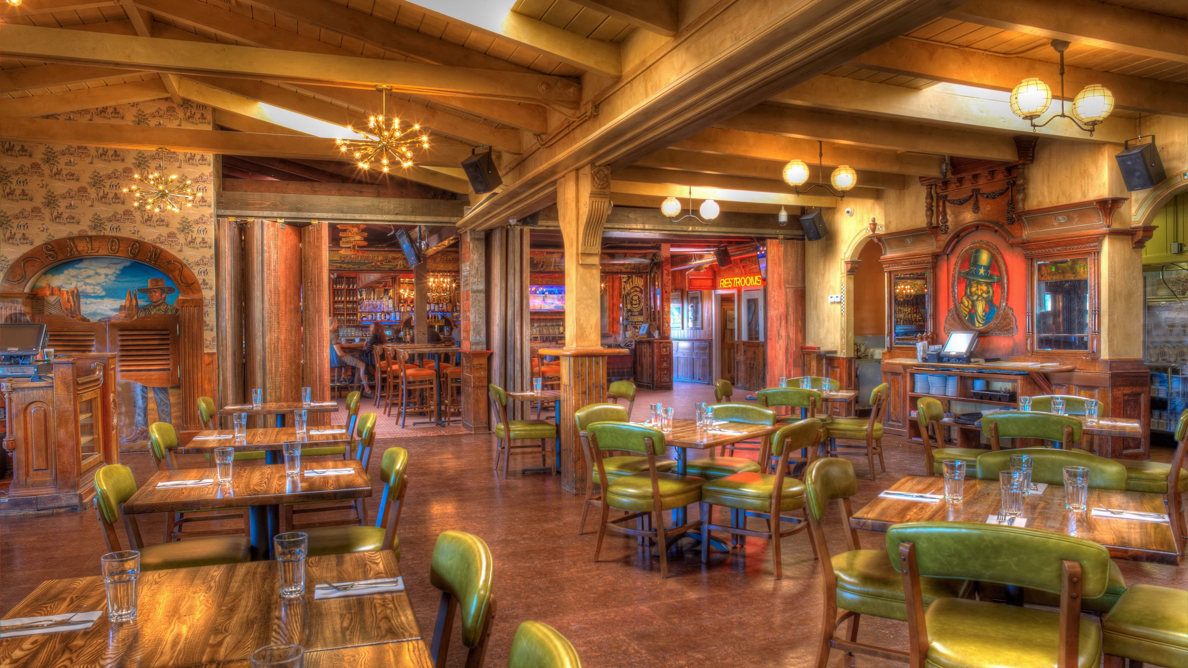 interior, tables, chairs, wooden ceiling, hdr, design, 4k, HD Wallpaper