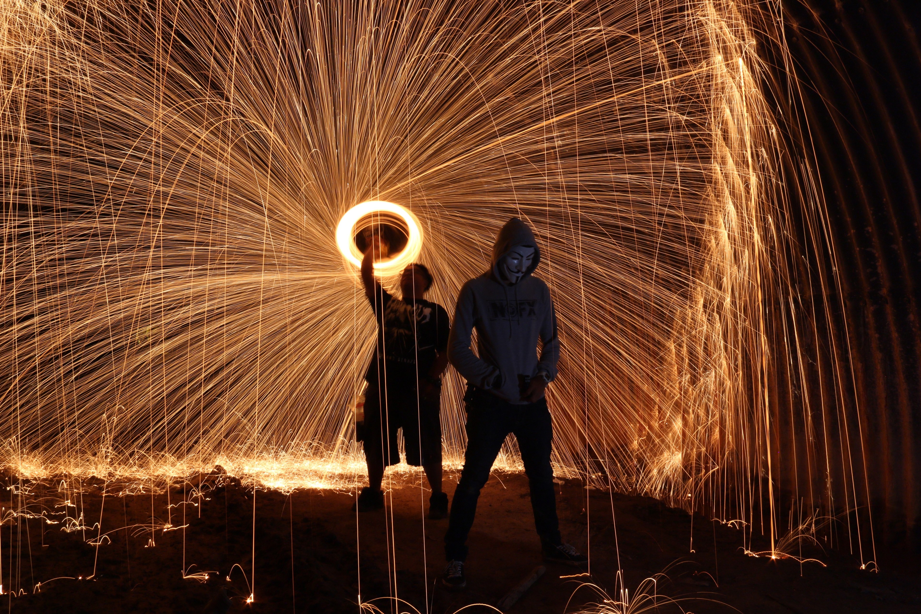 steelwool firespin art people dark night style 4k, HD Wallpaper