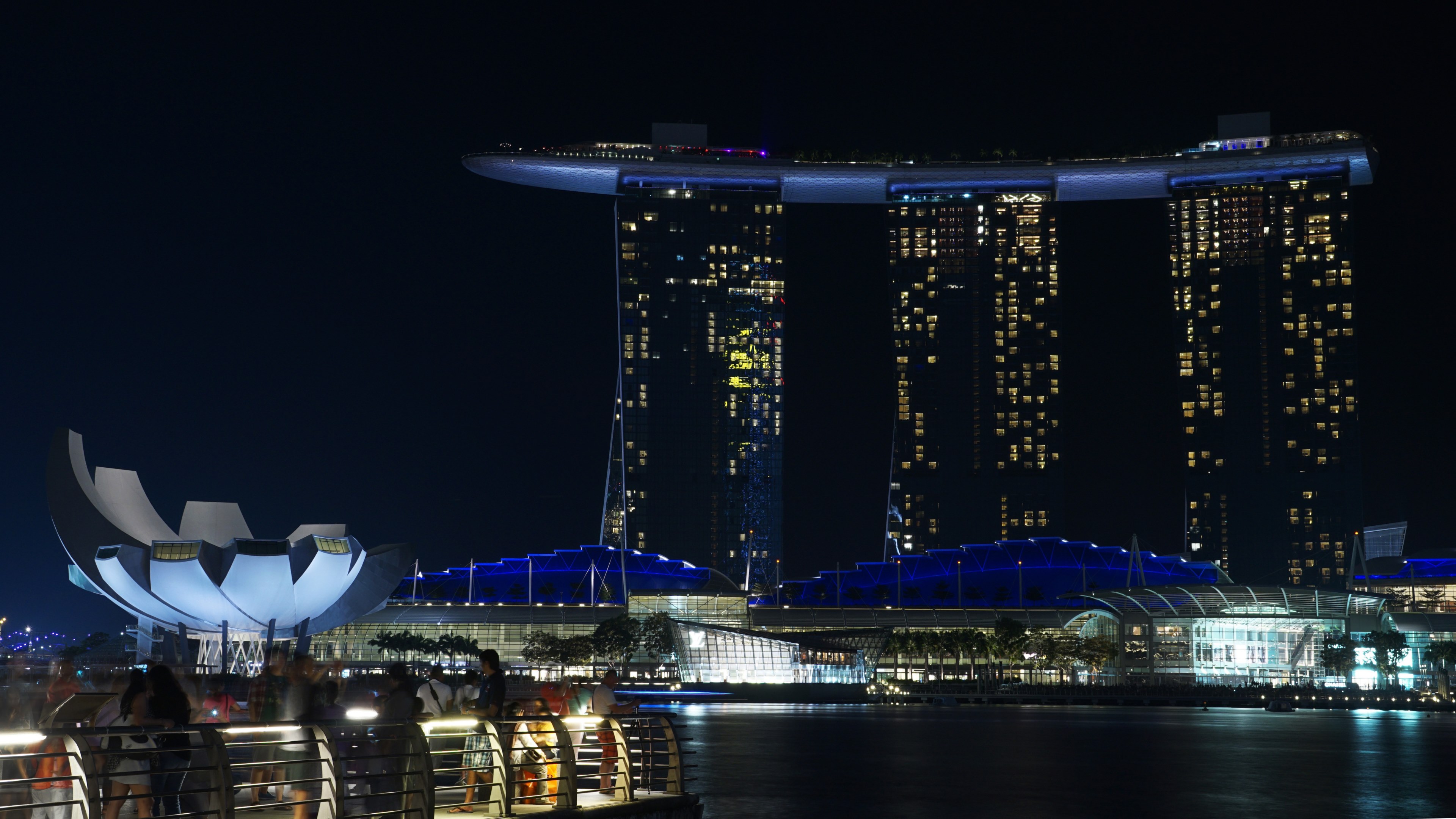 singapore night marina asia hotel architecture 4k, HD Wallpaper