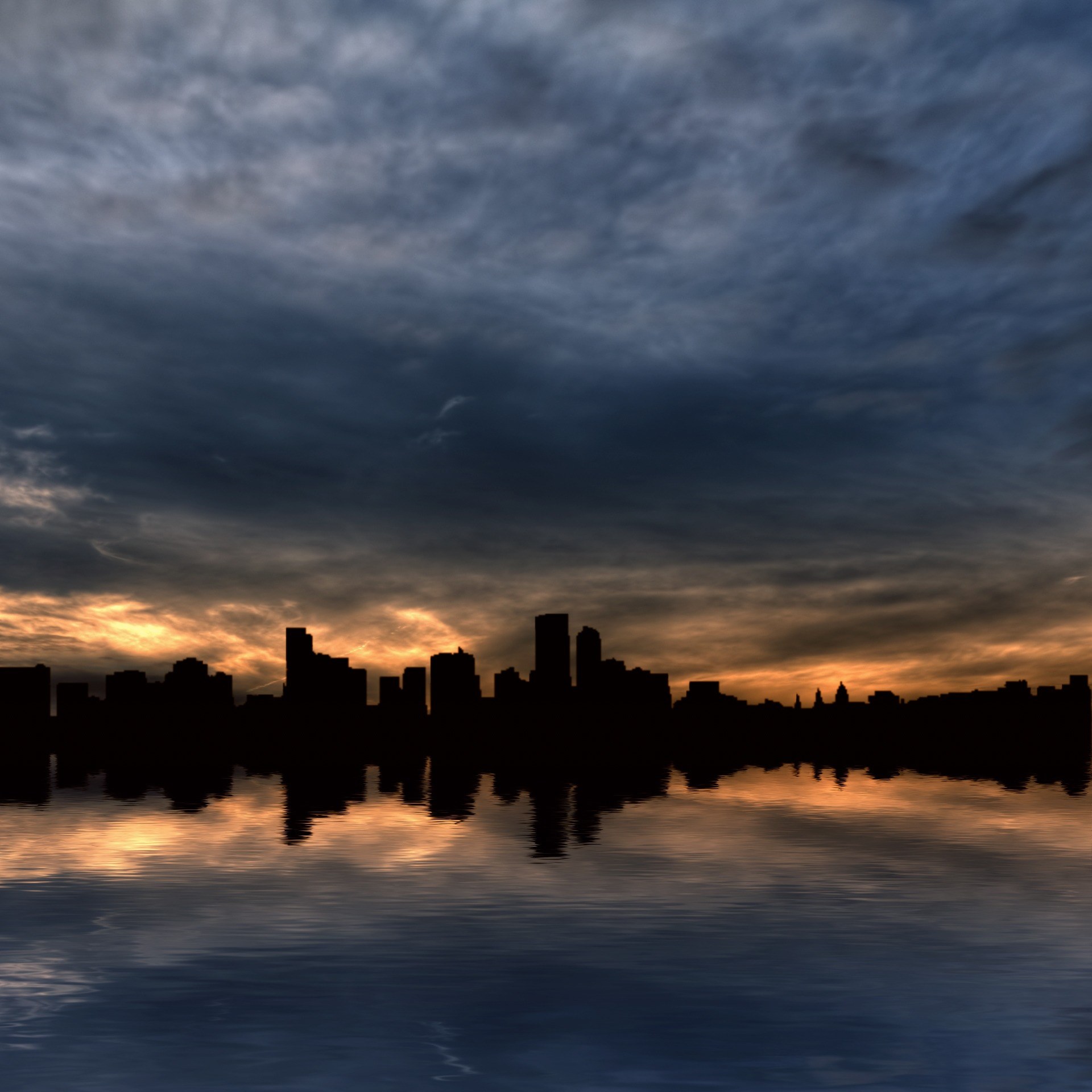 skyline water horizon sunrise sunset clouds city 4k, Phone HD Wallpaper