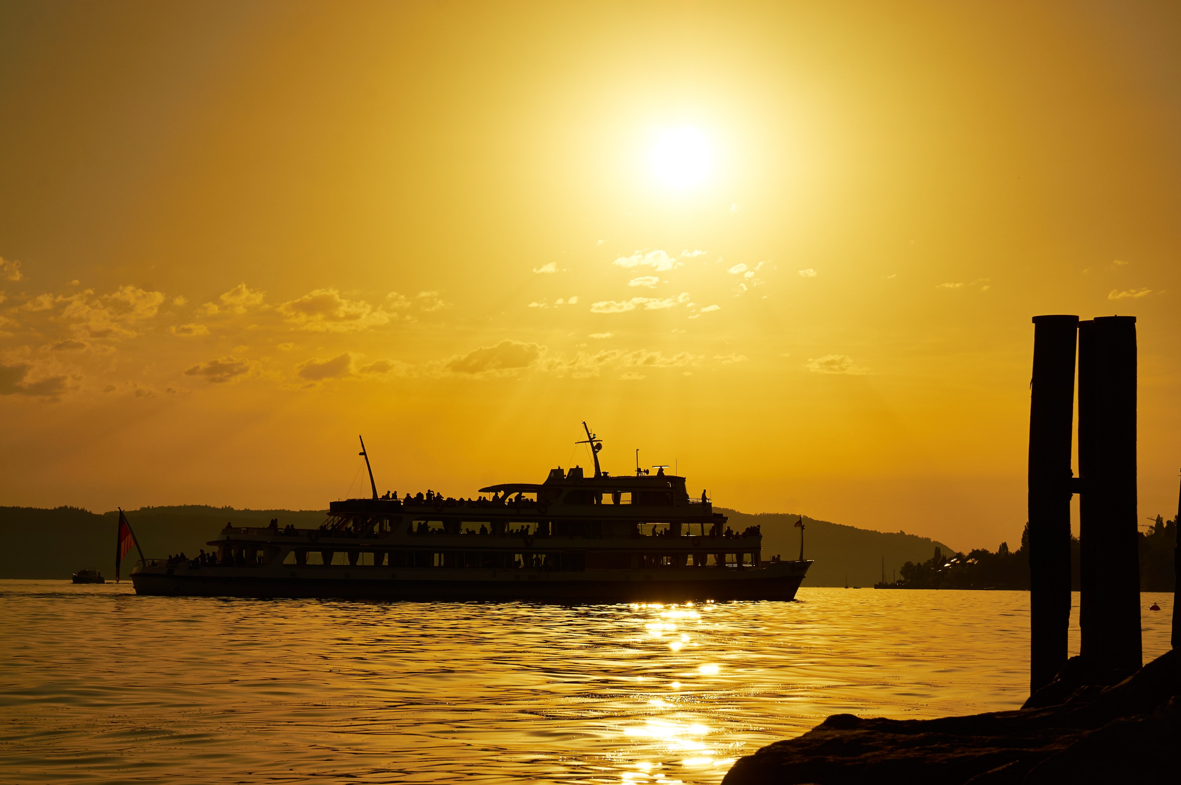 ship sun port coast water germany lake constance 4k, HD Wallpaper