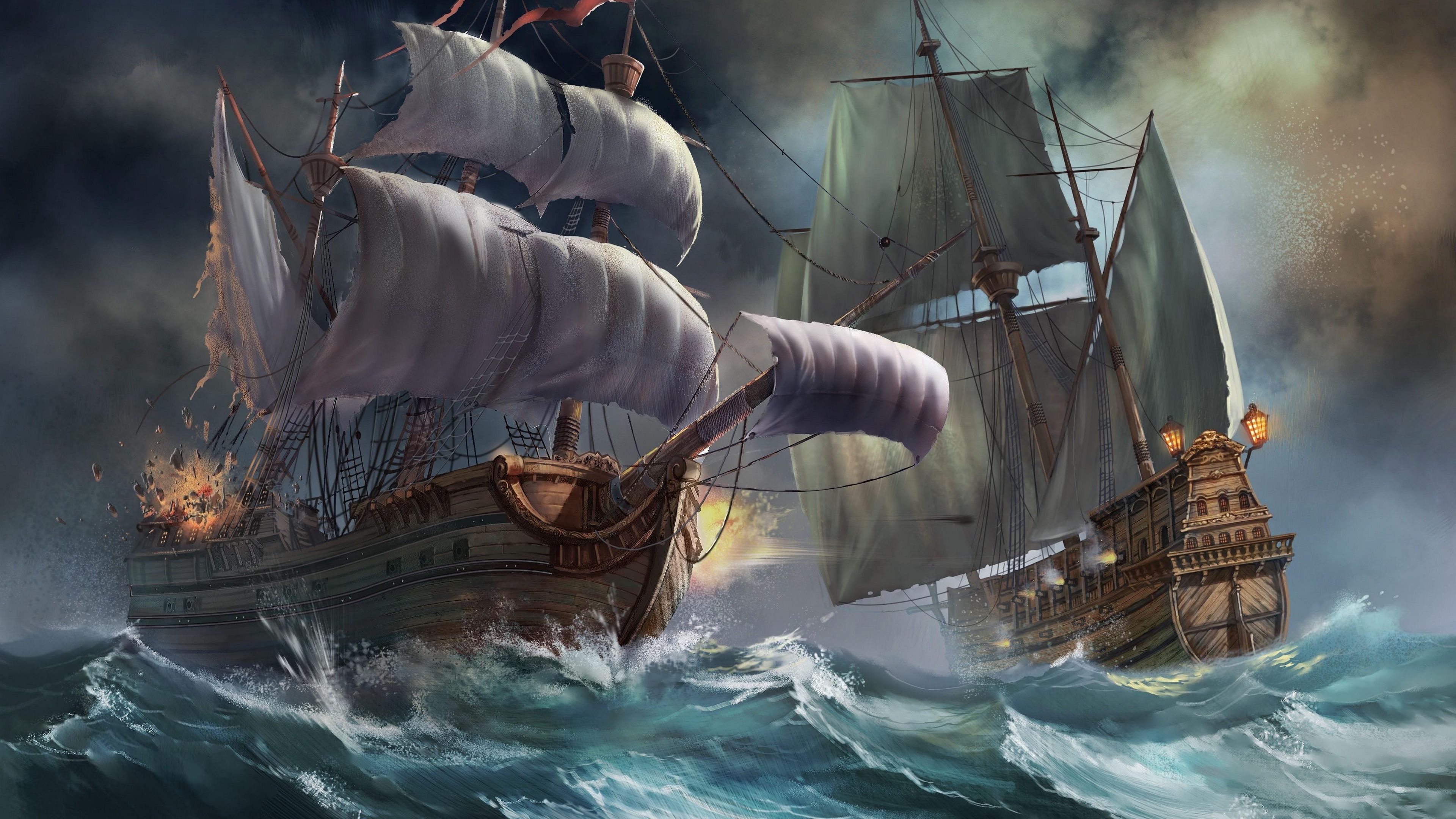 ships, sea, storm, explosion, 4k, HD Wallpaper