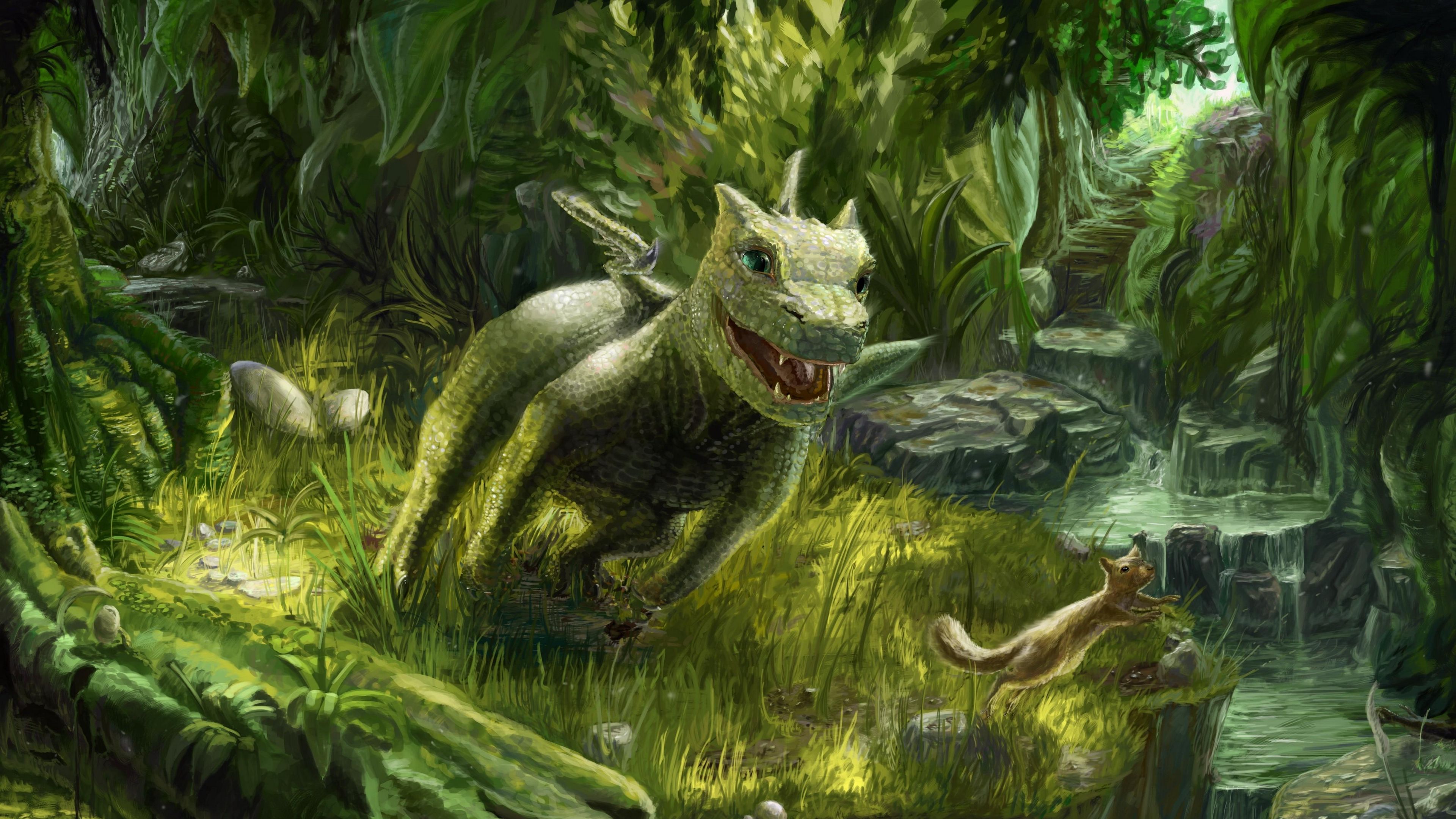 dragon, small, squirrel, game, green, nature, 4k, HD Wallpaper