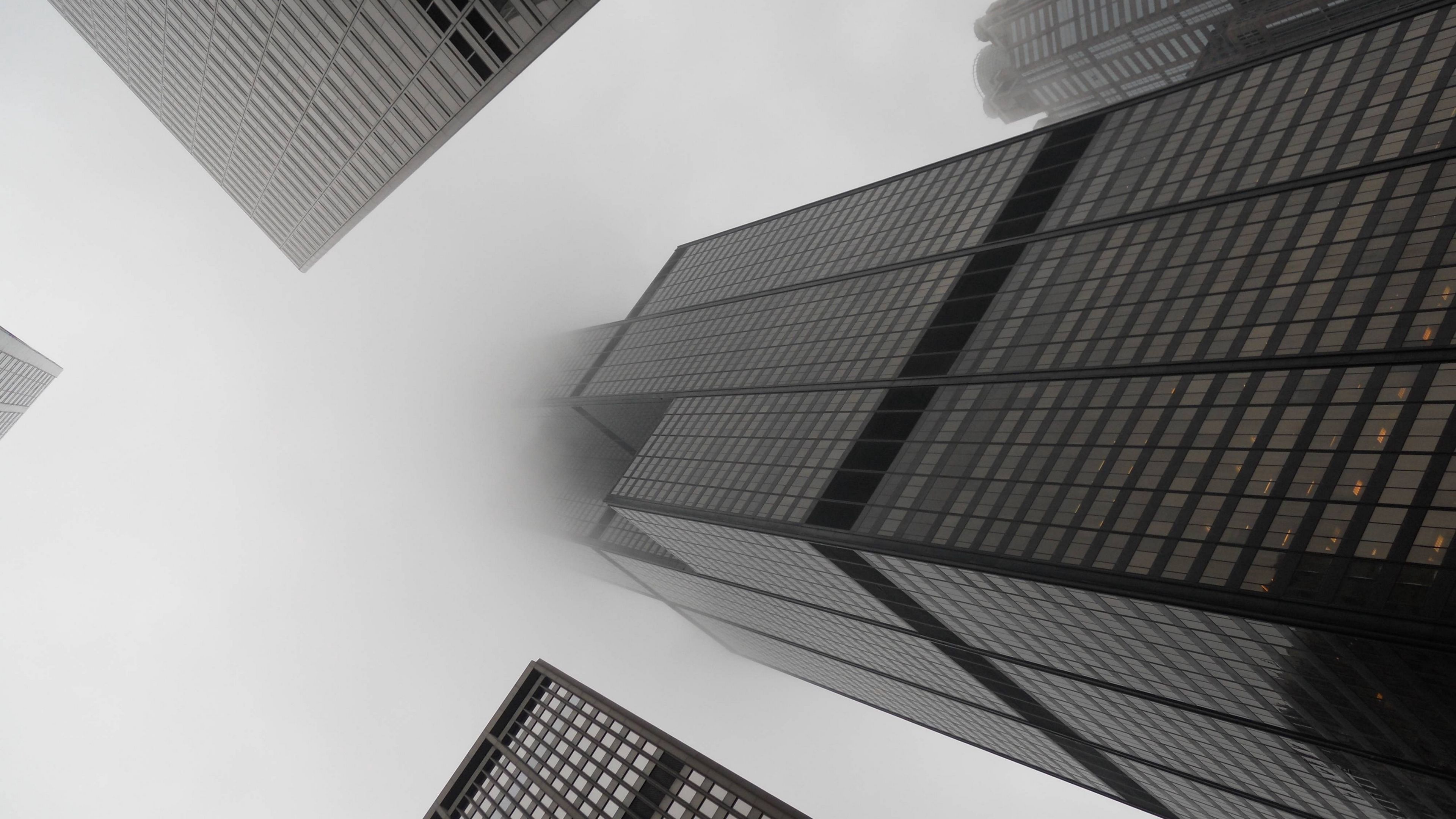 skyscrapers, fog, black and white, 4k, HD Wallpaper