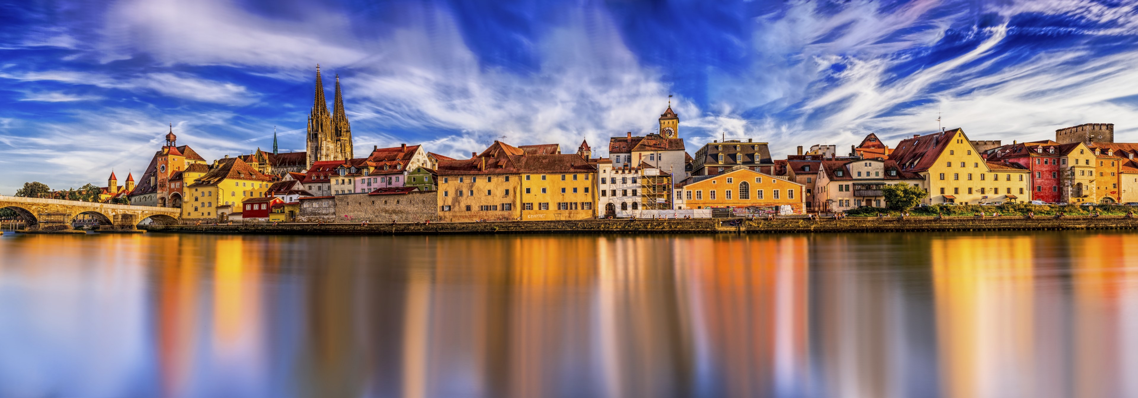 panorama regensburg stone bridge old town danube 4k, HD Wallpaper
