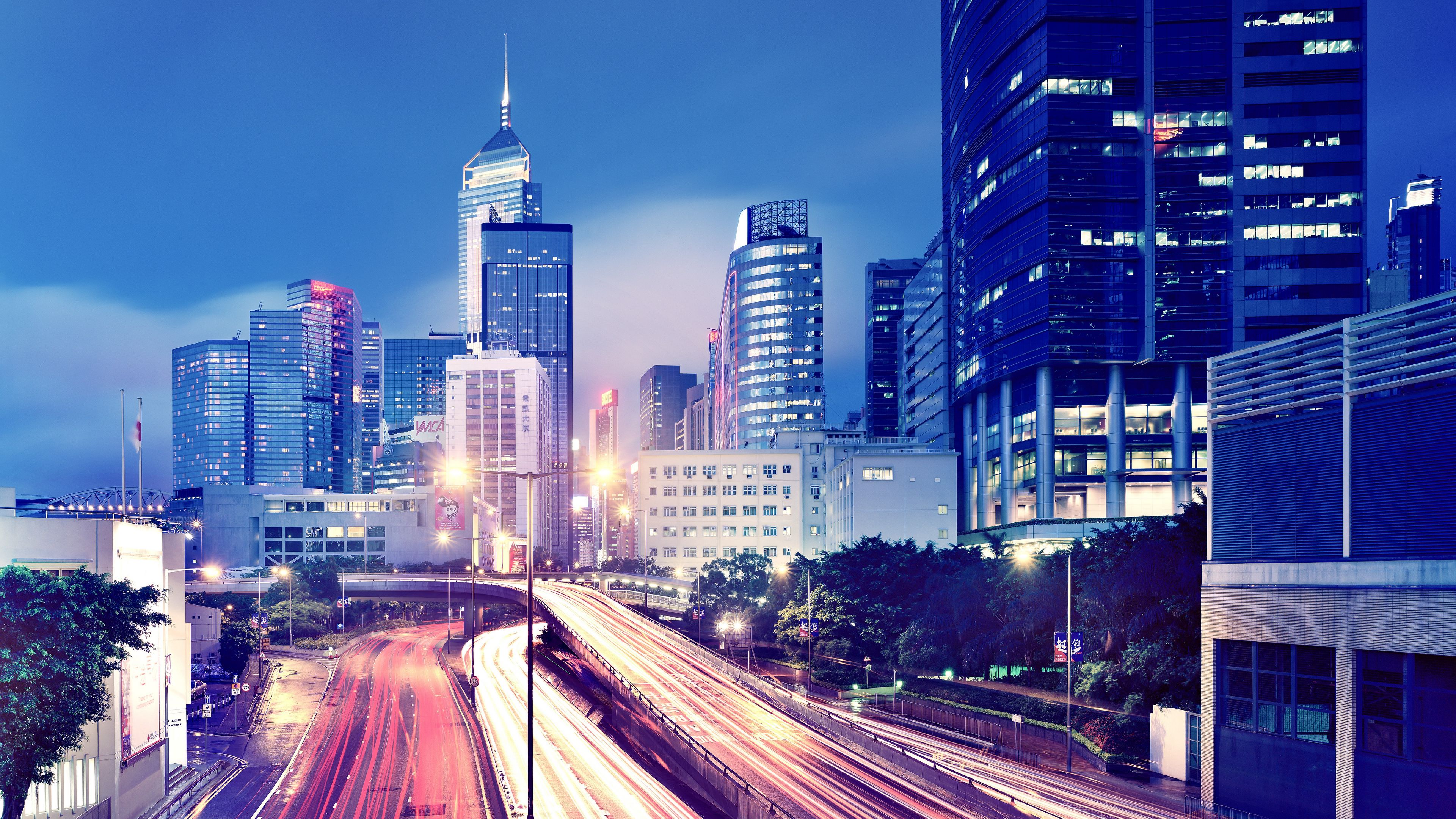 hong kong, lights, evening, metropolis, buildings, skyscrapers, roads, traffic, 4k, HD Wallpaper