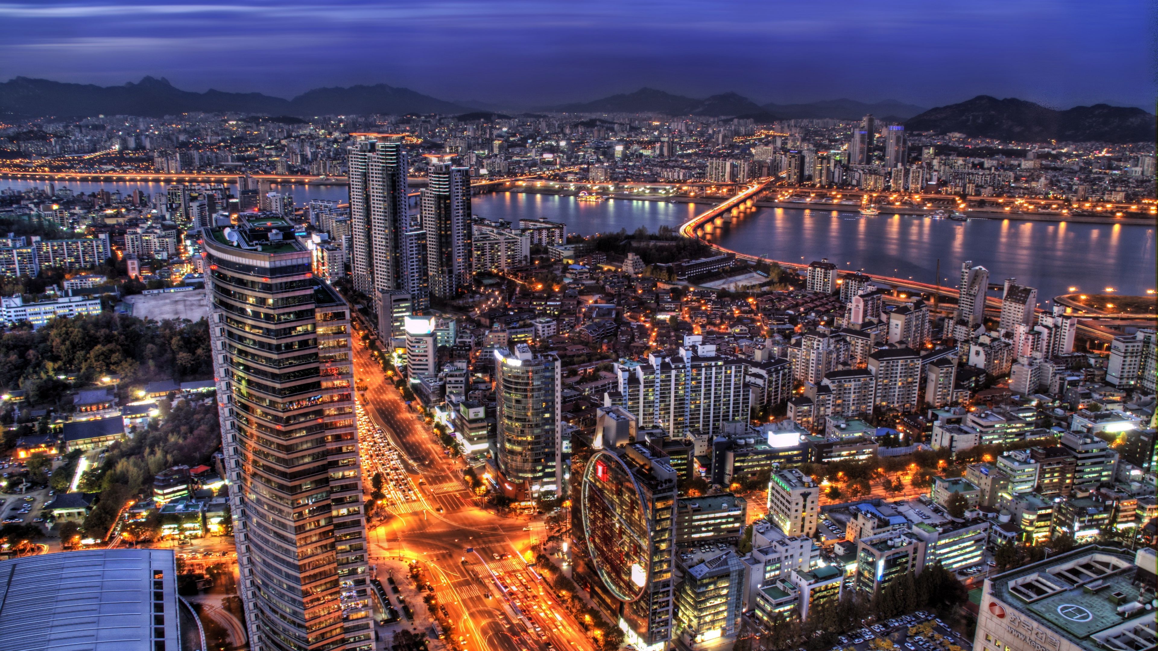 south korea, seoul, capital city, evening, skyscrapers, lights, blue, sky, hdr, 4k, HD Wallpaper