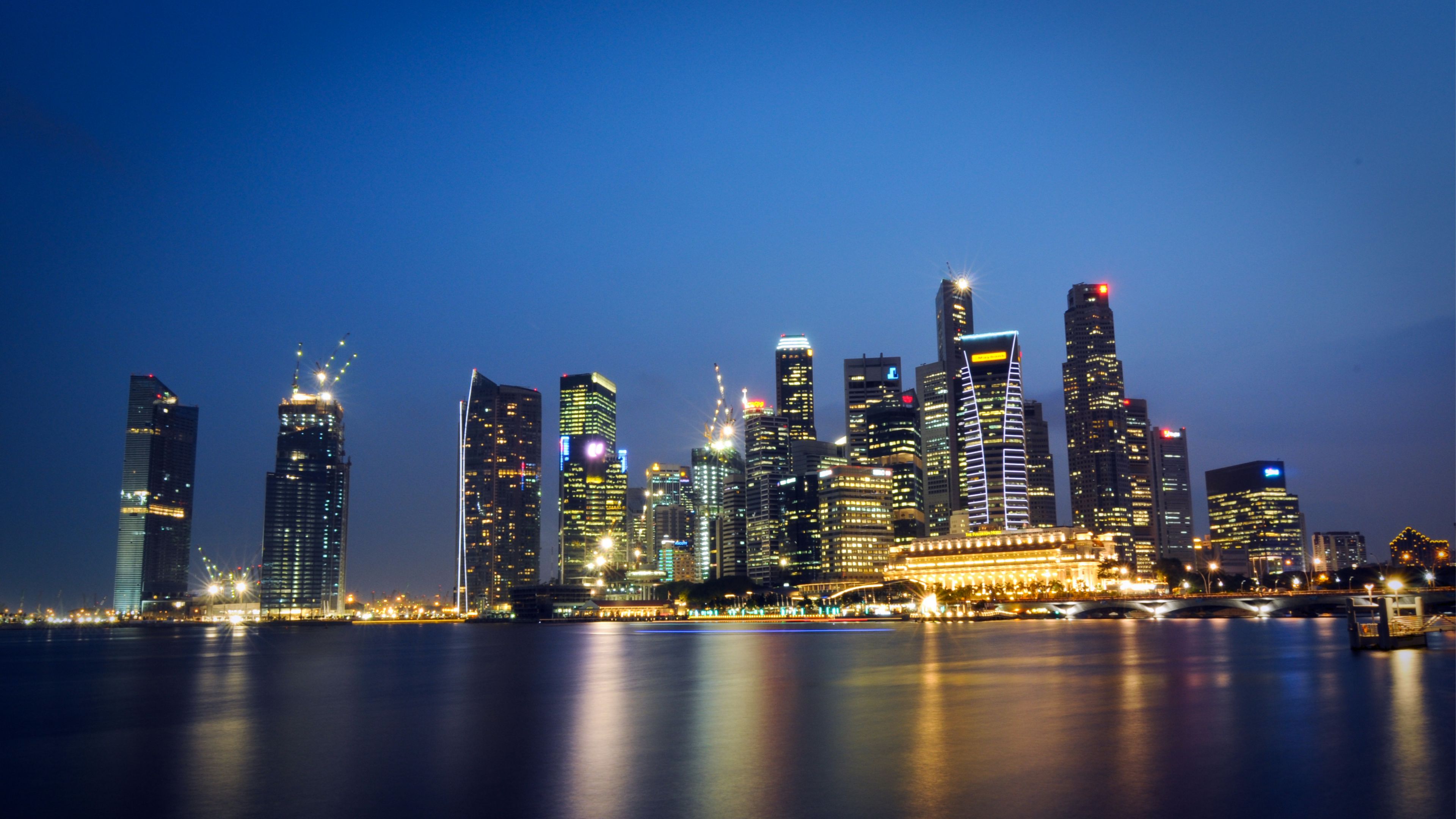 malaysia, singapore, city-state, metropolis, skyscrapers, night lights, light blue, sky, shedding, reflection, hdr, 4k, HD Wallpaper