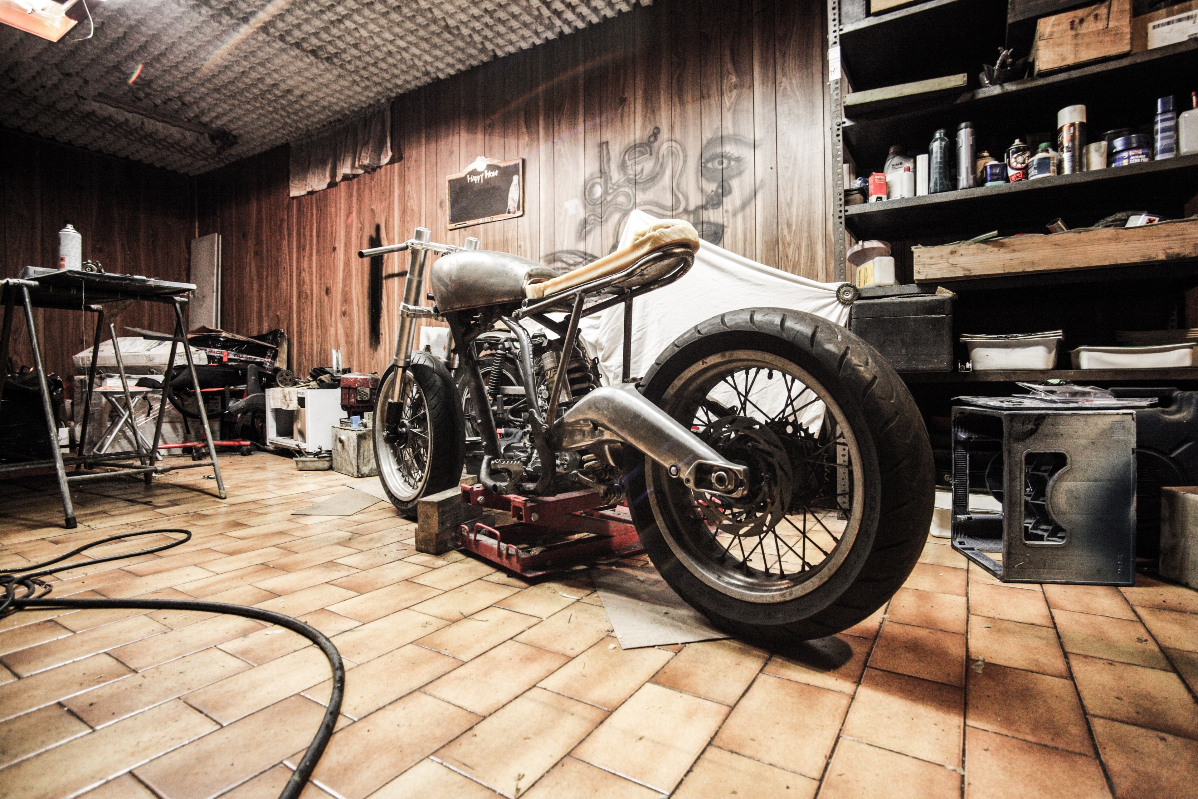 motorbike garage repairs hobby automotive build 4k, HD Wallpaper