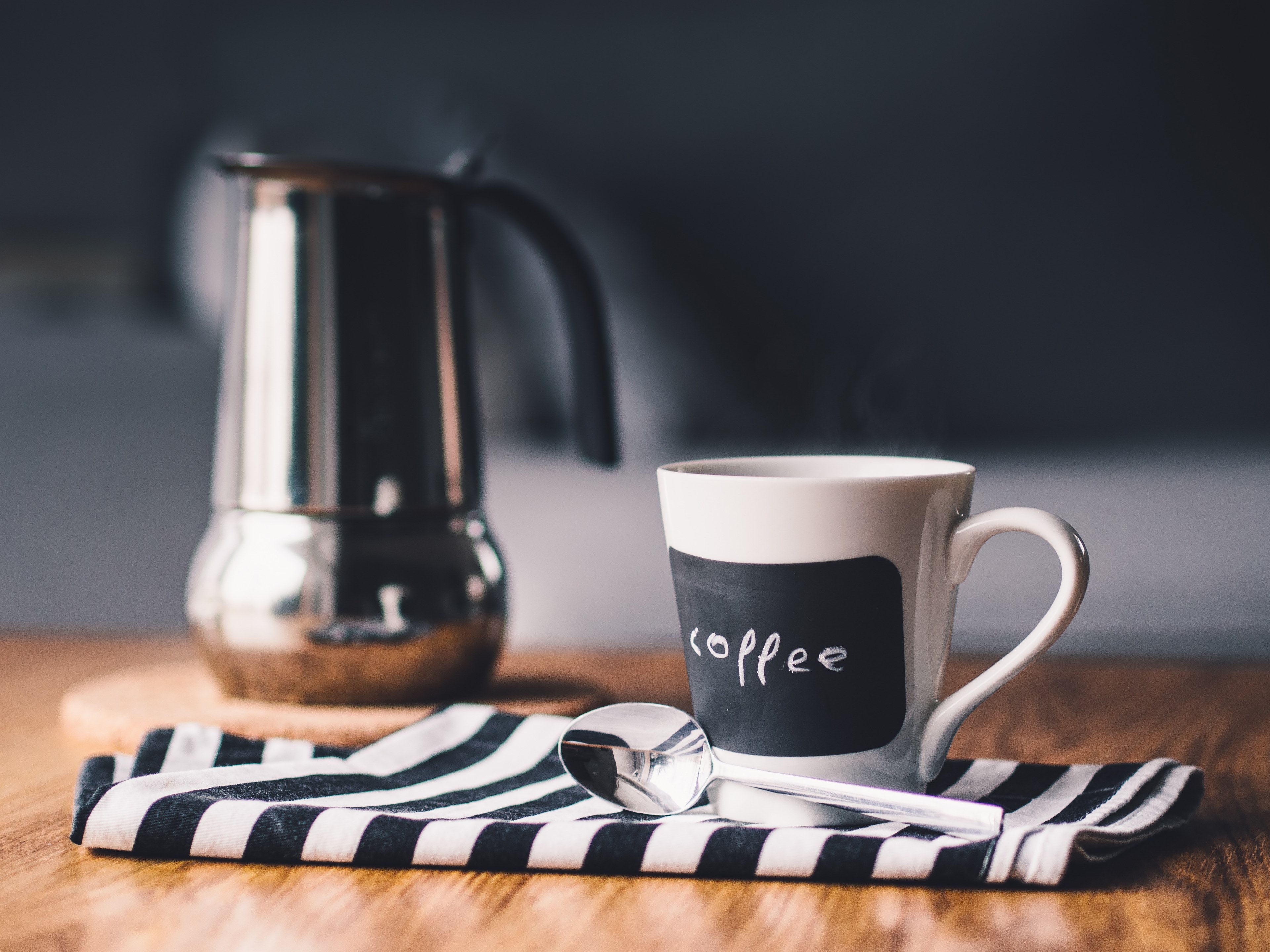 morning coffee cup drink table kitchen breakfast 4k, HD Wallpaper