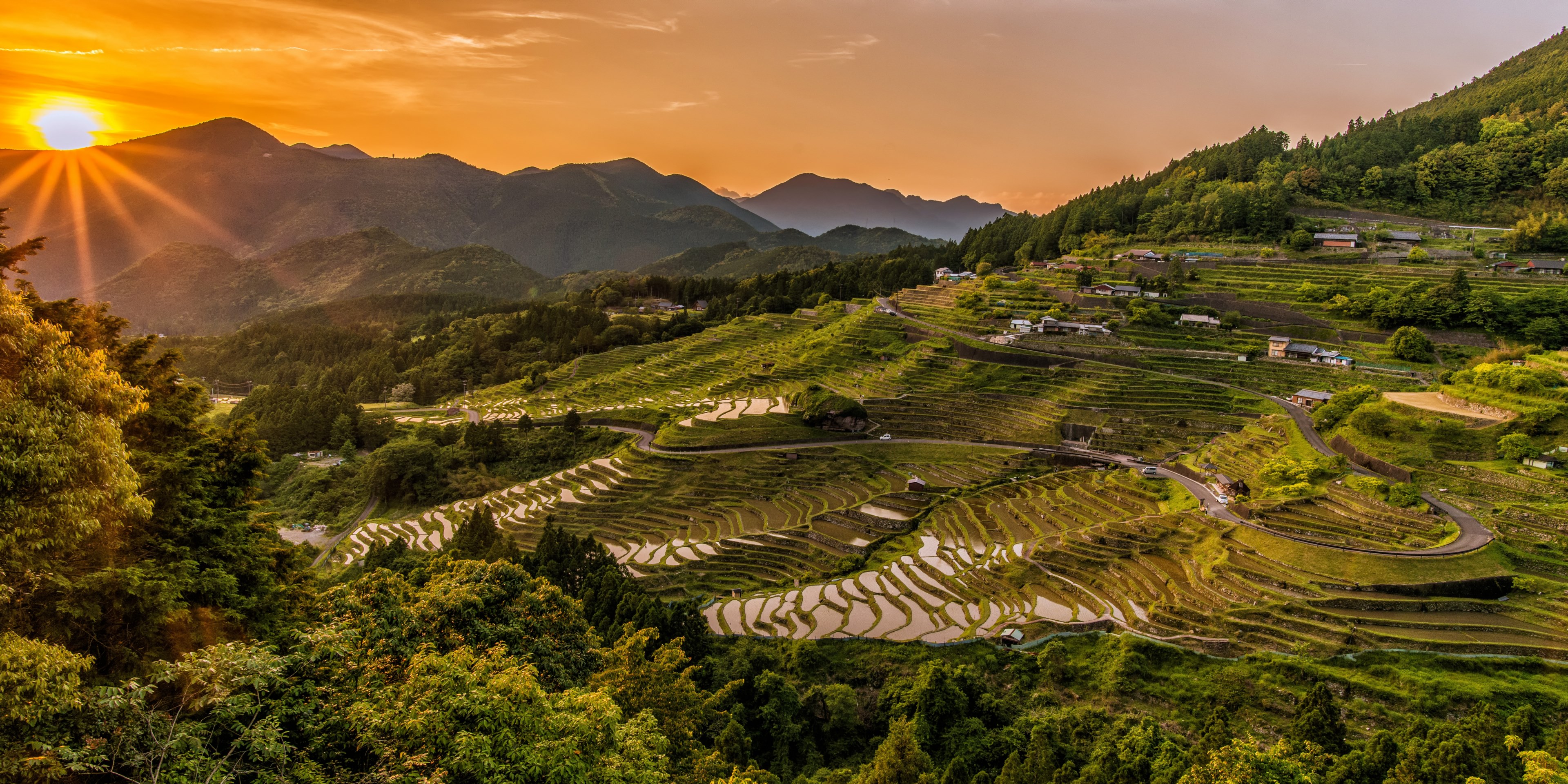 landscape sunset rice terraces tradition 4k, HD Wallpaper