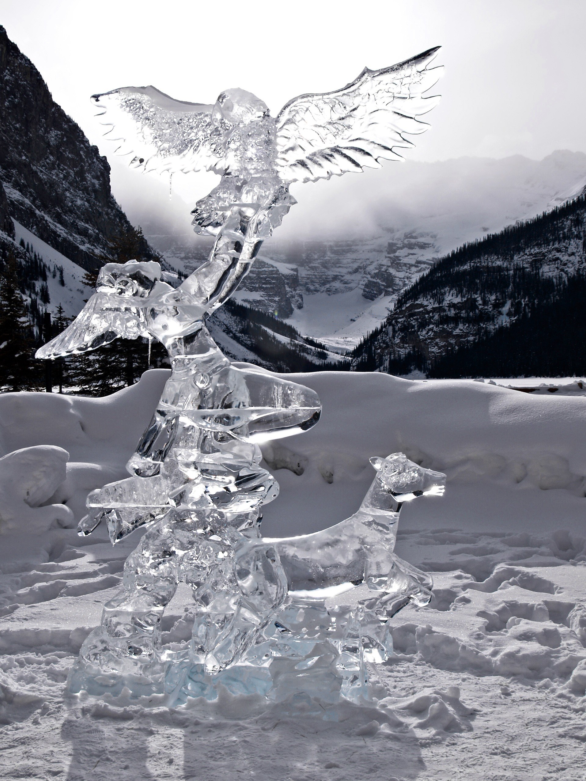 lake louise alberta canada ice carving figure 4k, Phone HD Wallpaper