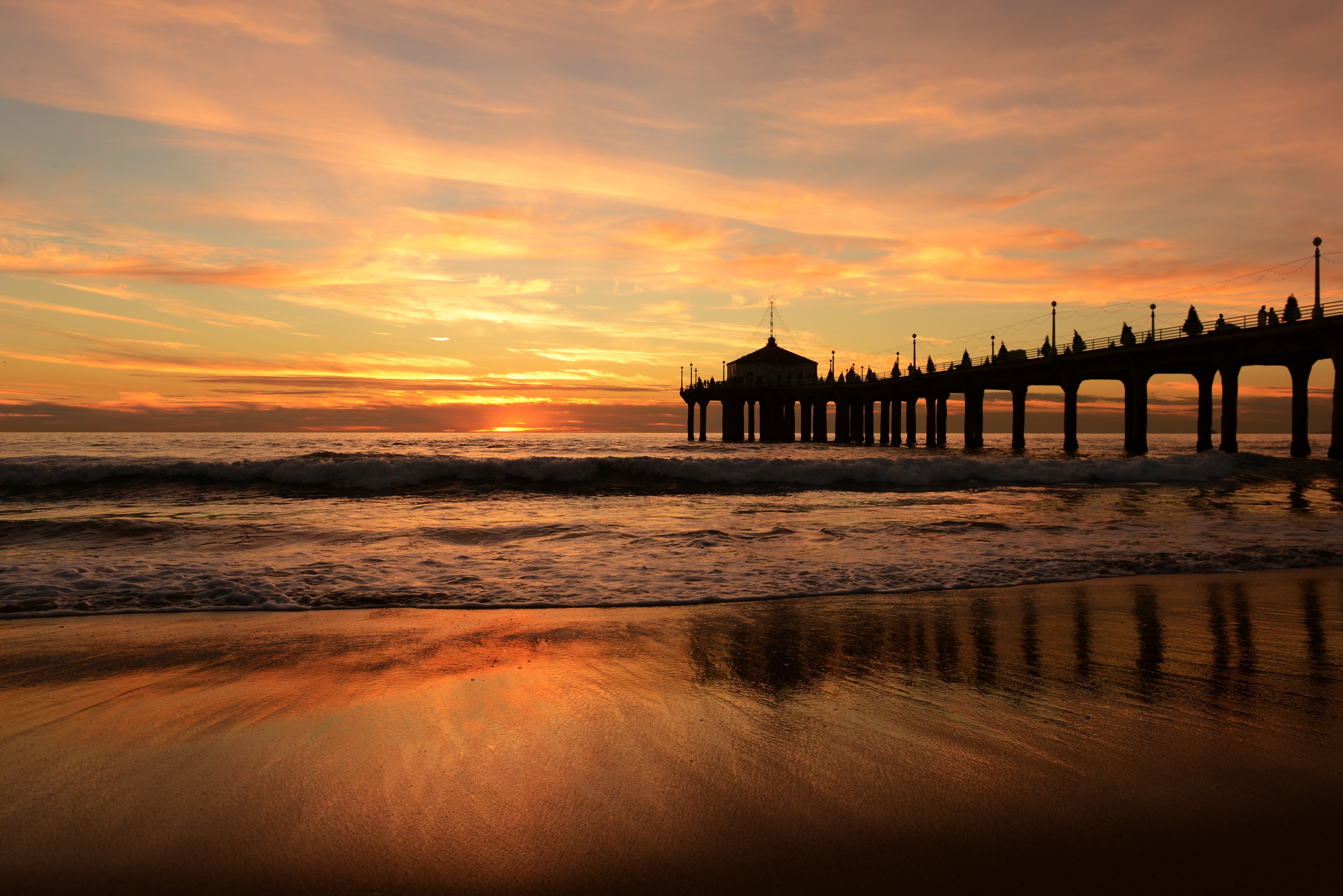 jetty pier sea sunset dusk dawn ocean water 4k, HD Wallpaper