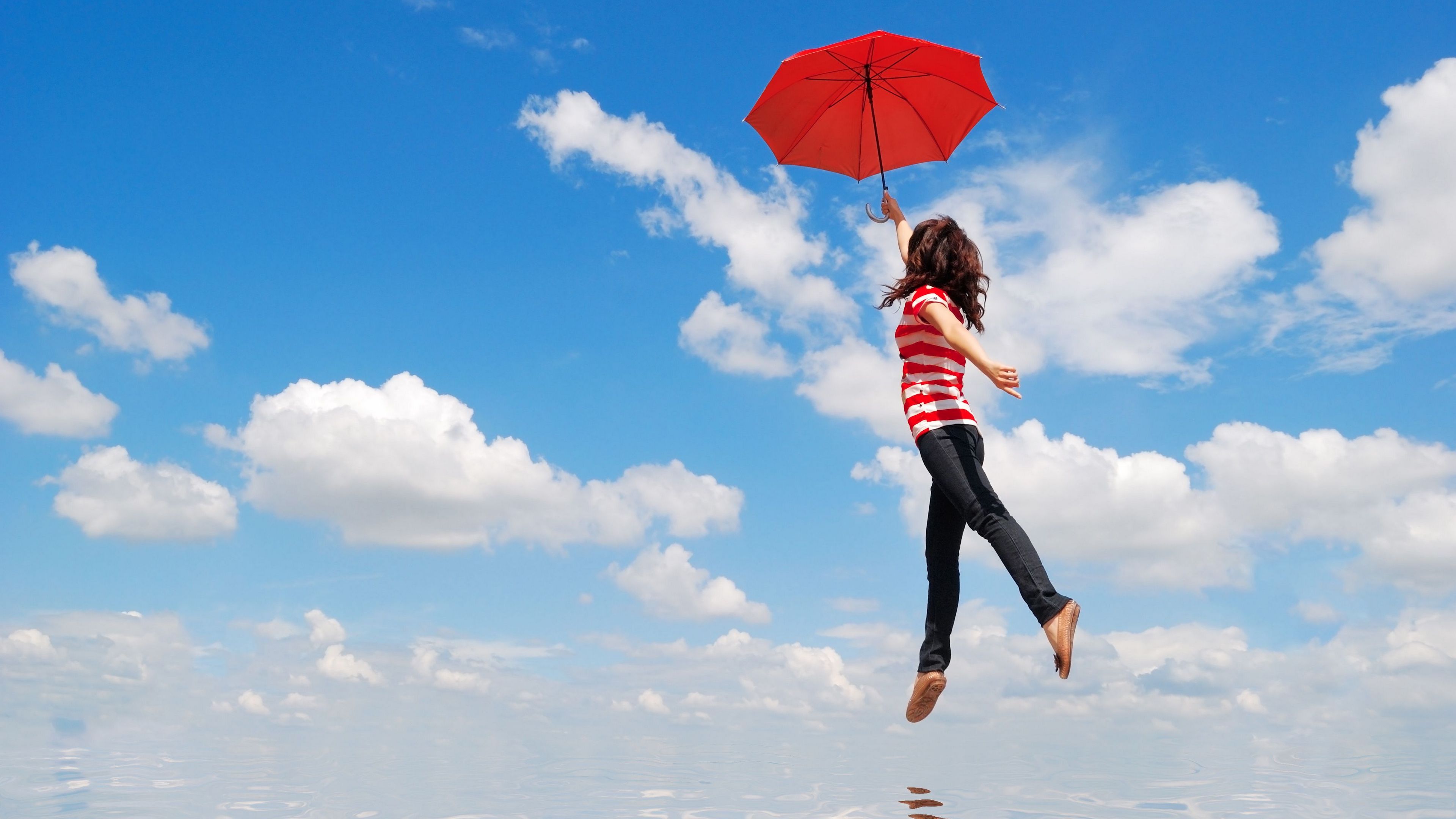 girl, water, flying, umbrella, mood, 4k, HD Wallpaper