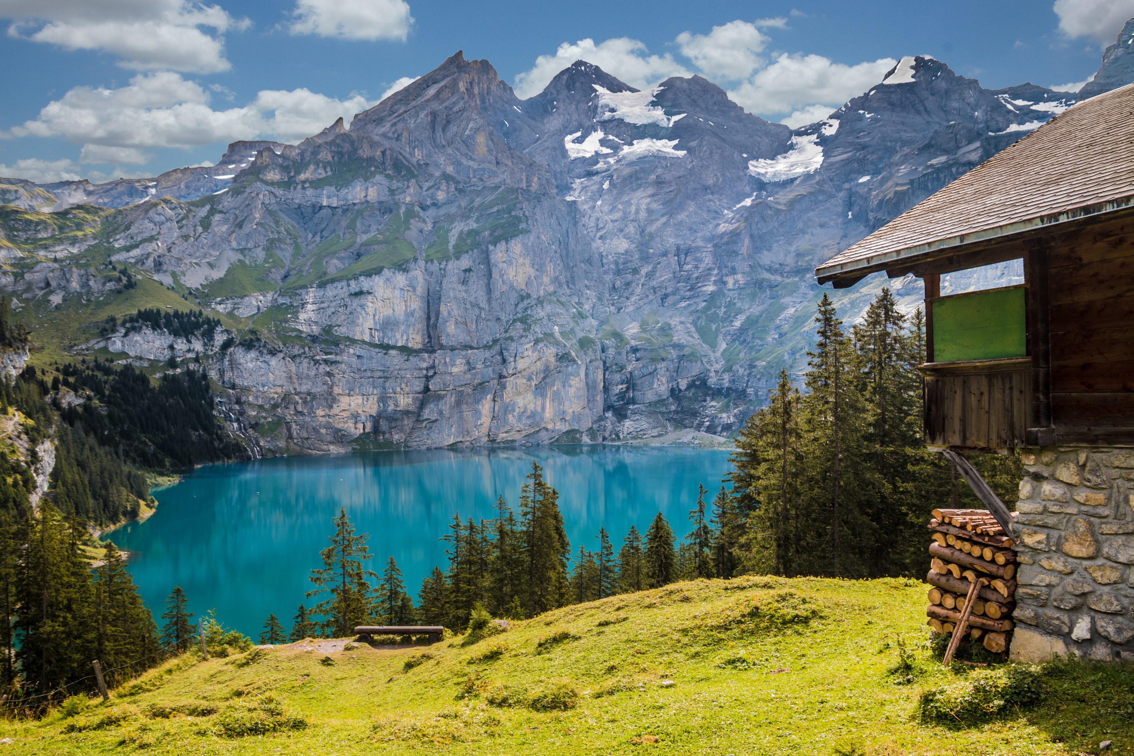 hut lake mountains mountain hut landscape nature 4k, HD Wallpaper