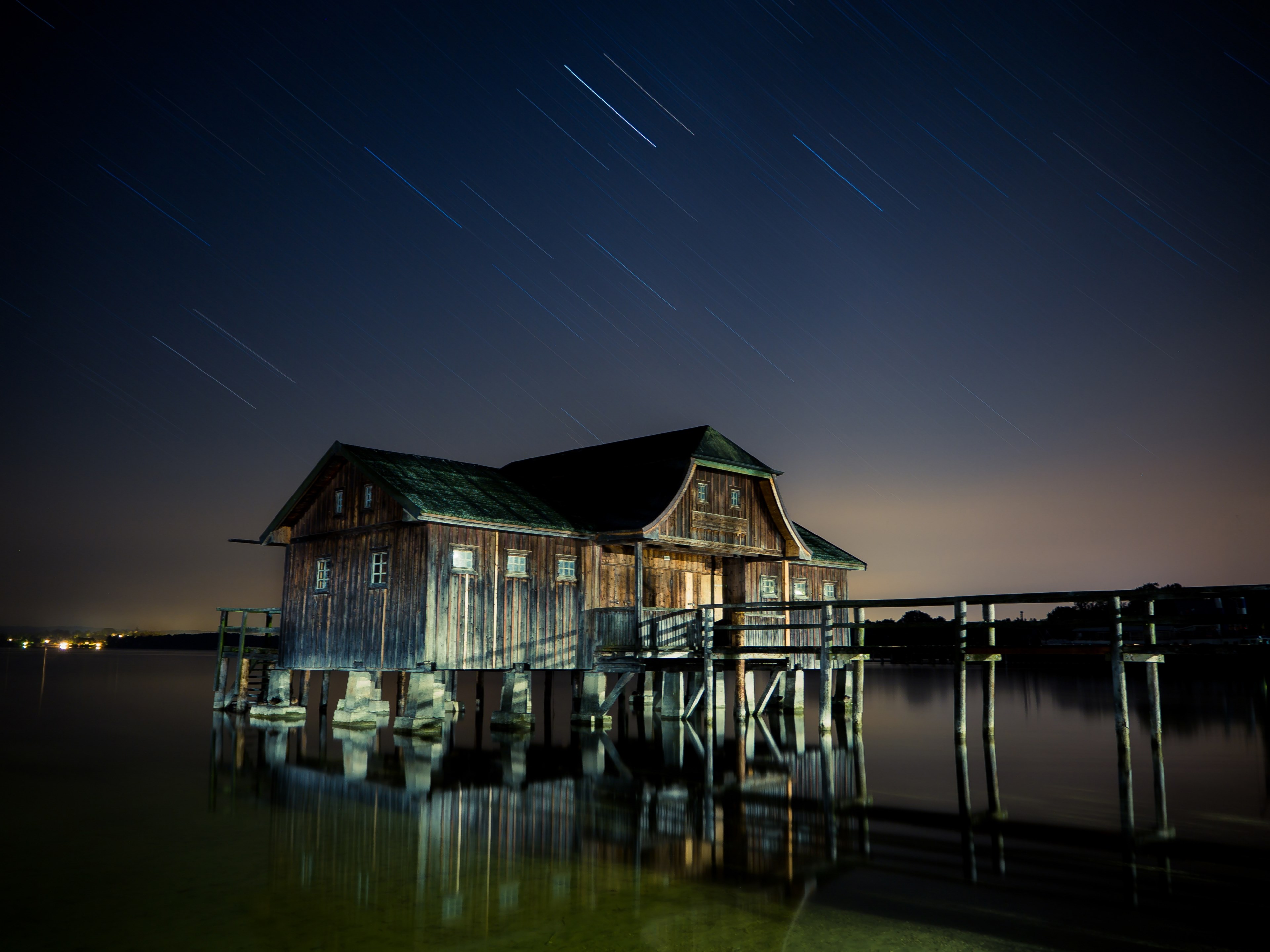 hut lake star milky way ammersee night galaxy 4k, HD Wallpaper