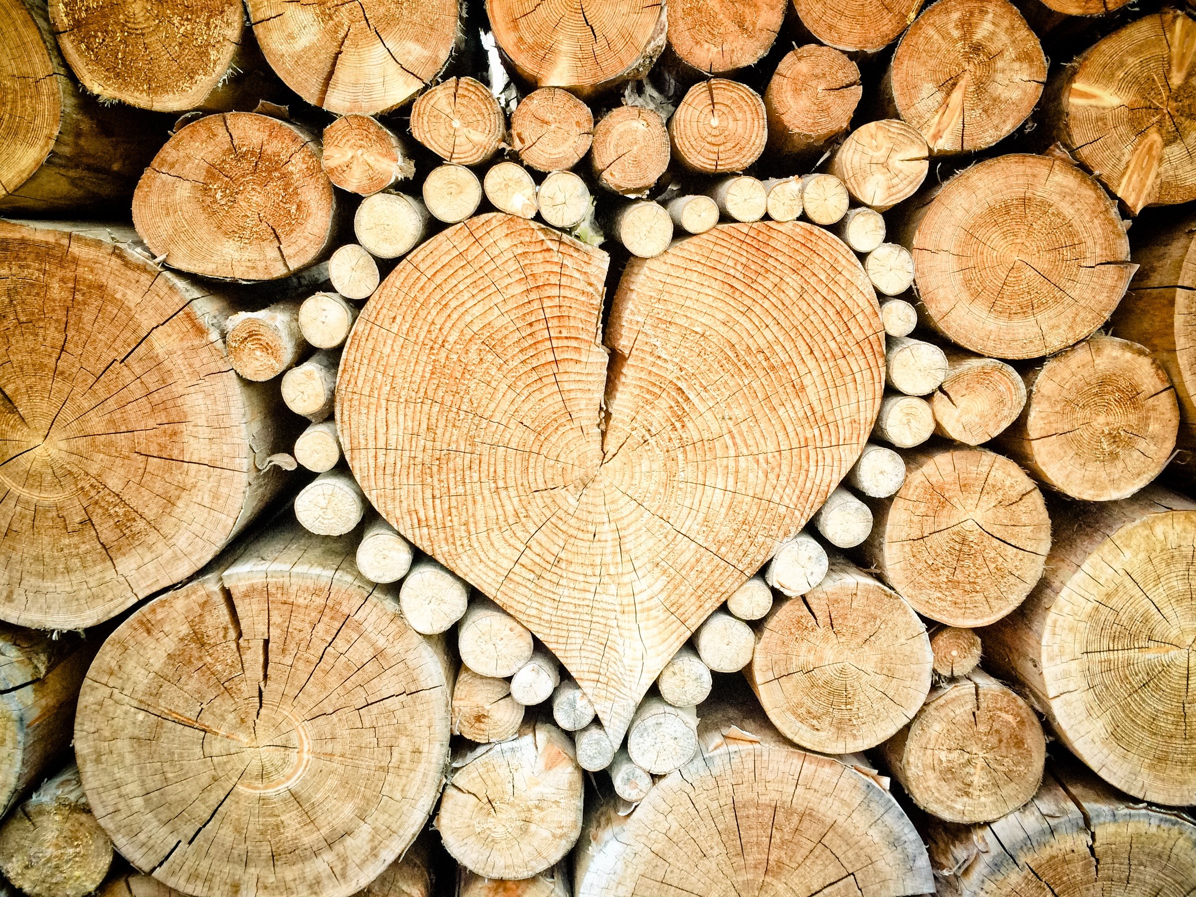heart wood logs combs thread cutting wood pile 4k, HD Wallpaper