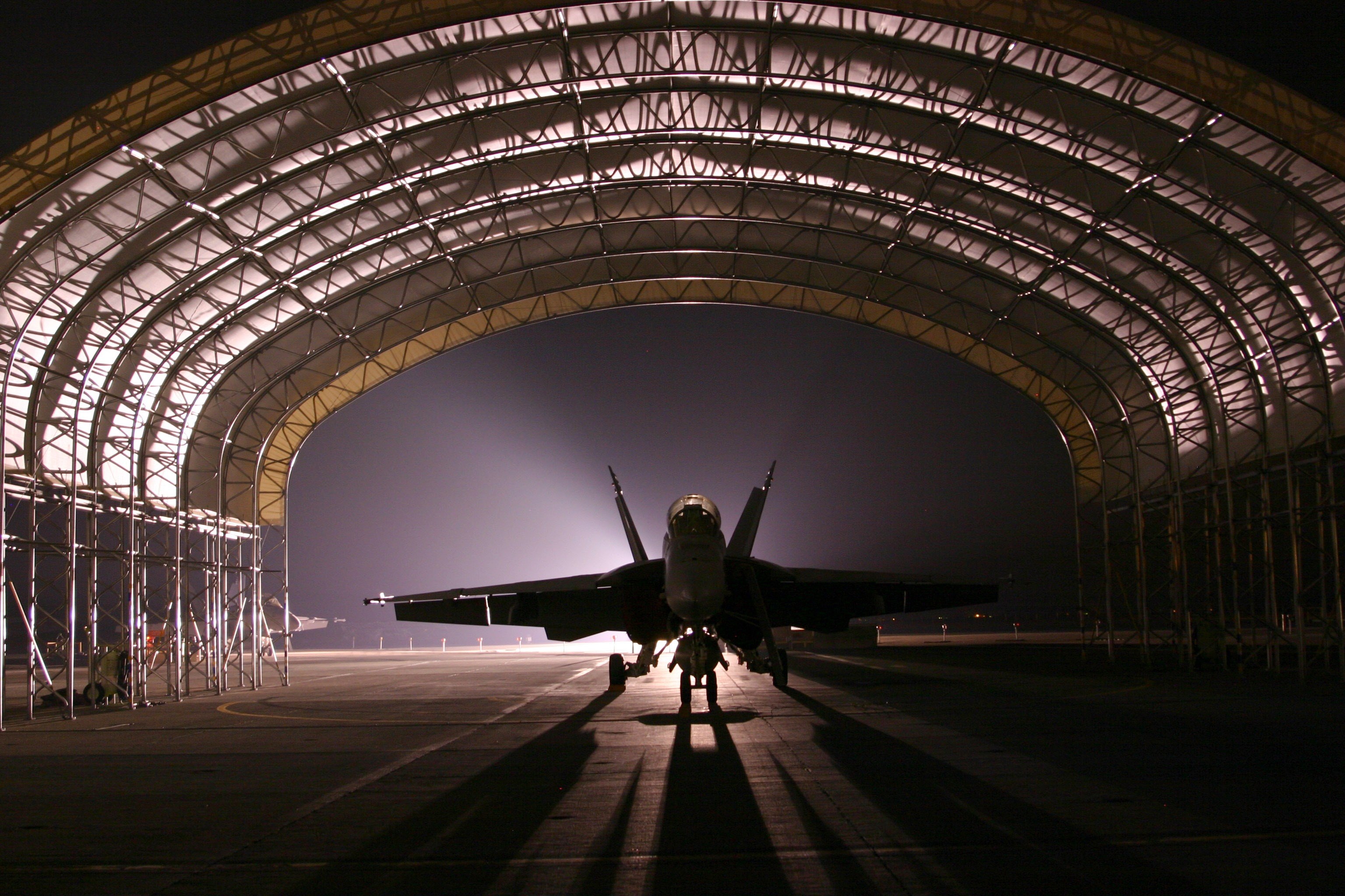 hangar jet aircraft fighter silhouette light 4k, HD Wallpaper