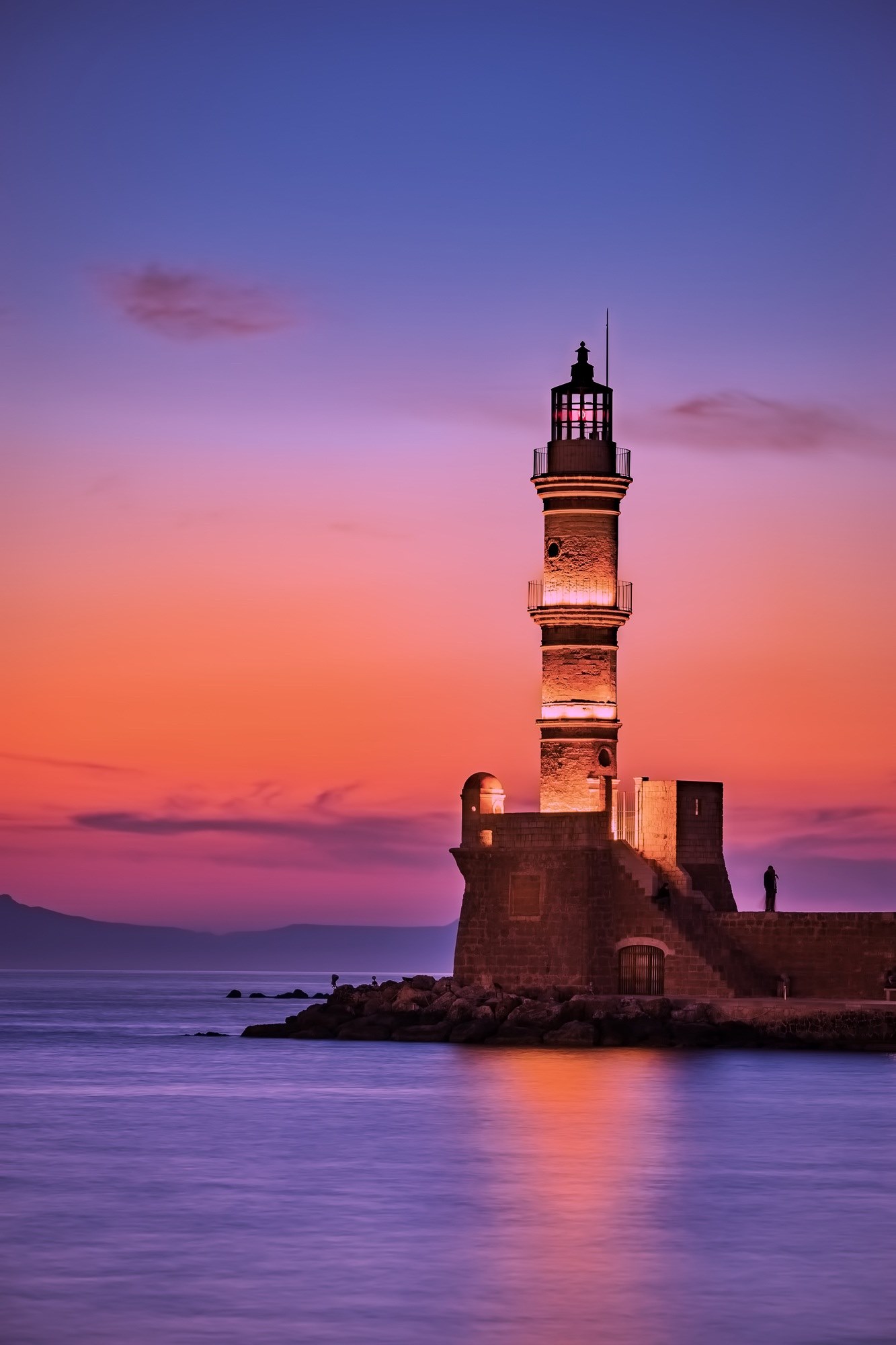 greece lighthouse jetty quay sea ocean reflection 4k, Phone HD Wallpaper
