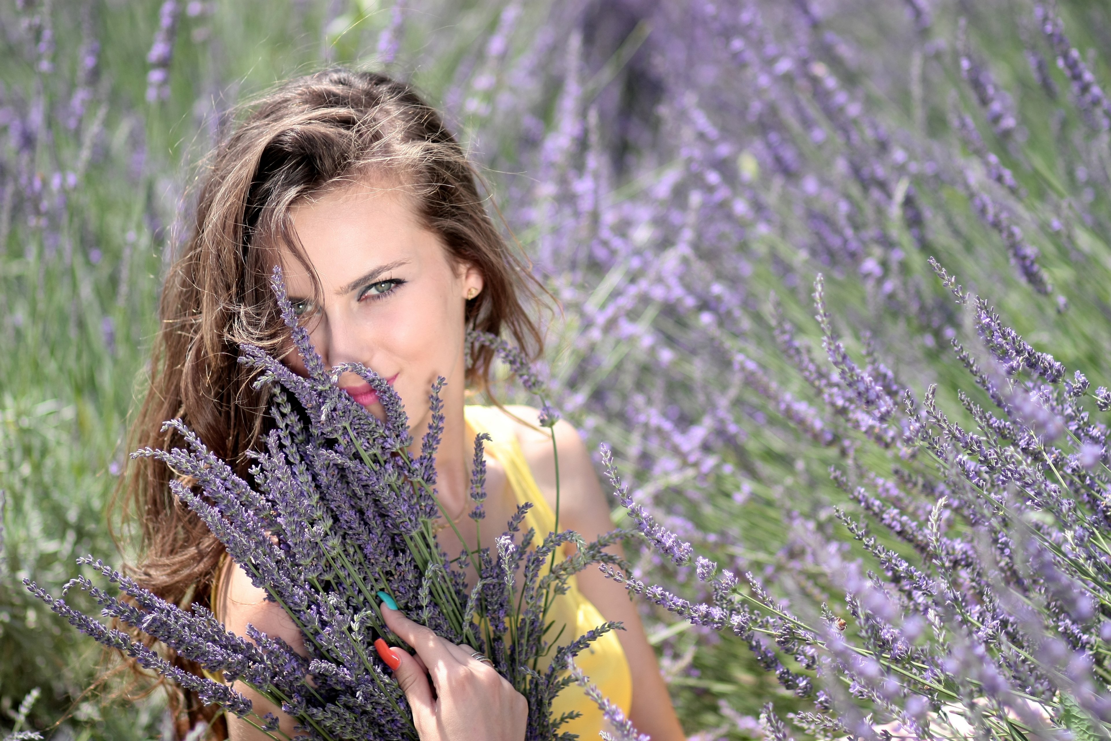 girl lavender flowers mov beauty nature 4k, HD Wallpaper