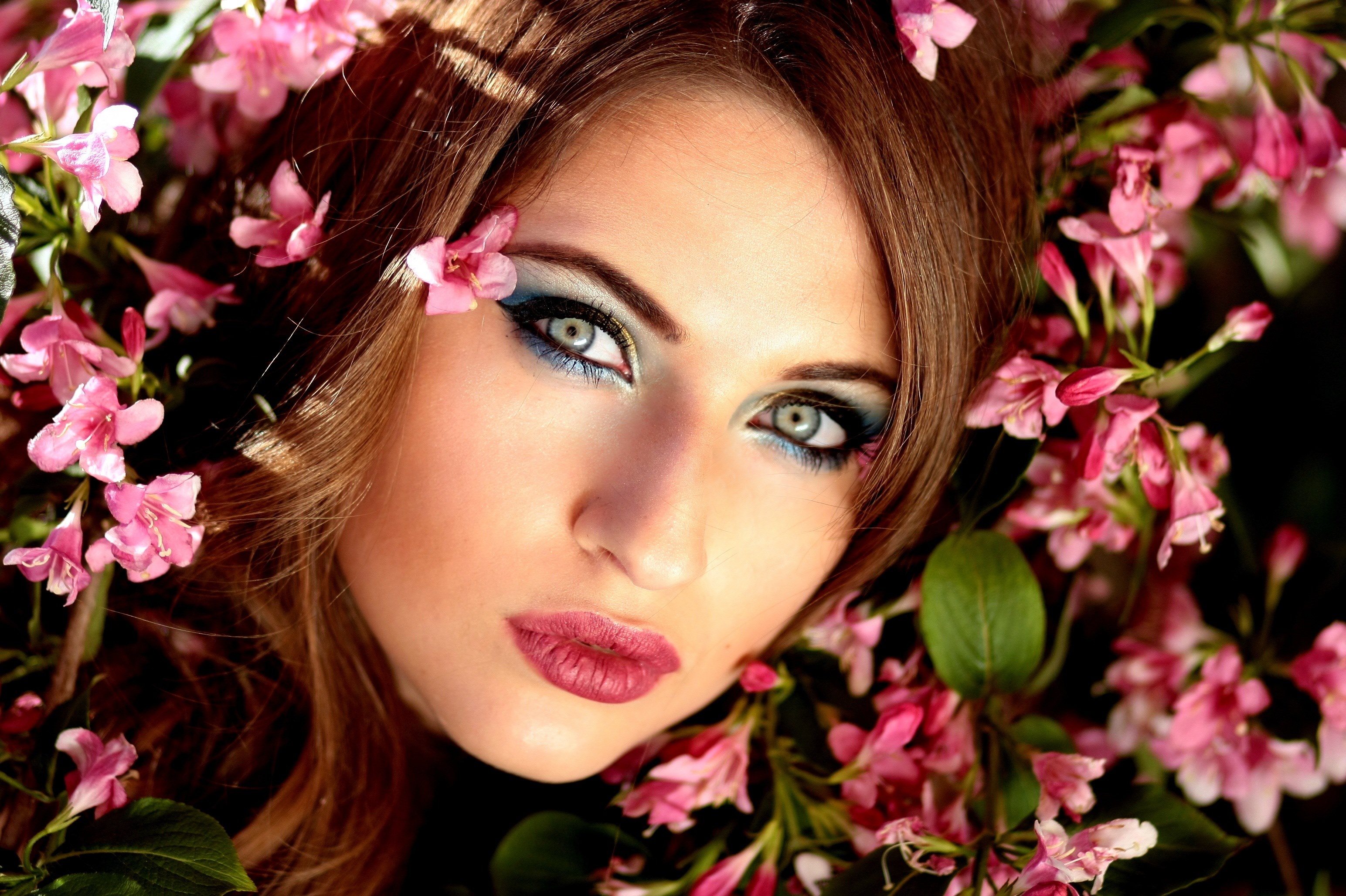 girl flowers pink blue eyes beauty spring 4k, HD Wallpaper