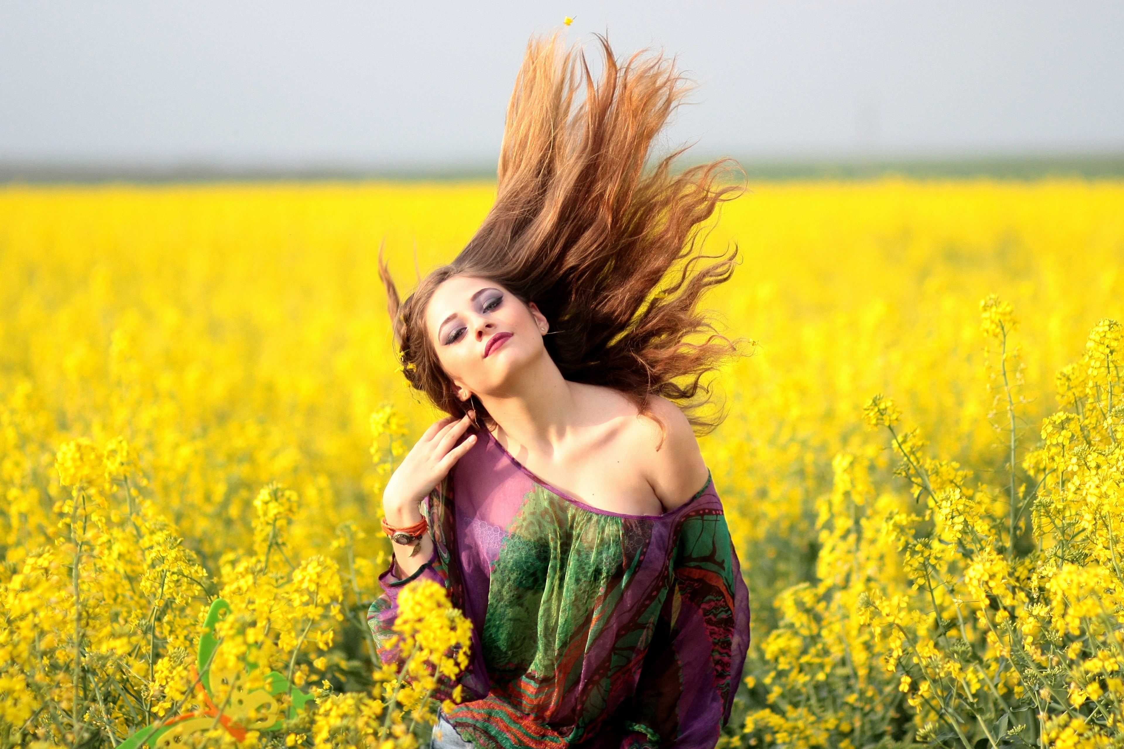 girl camp flowers yellow beauty nature 4k, HD Wallpaper