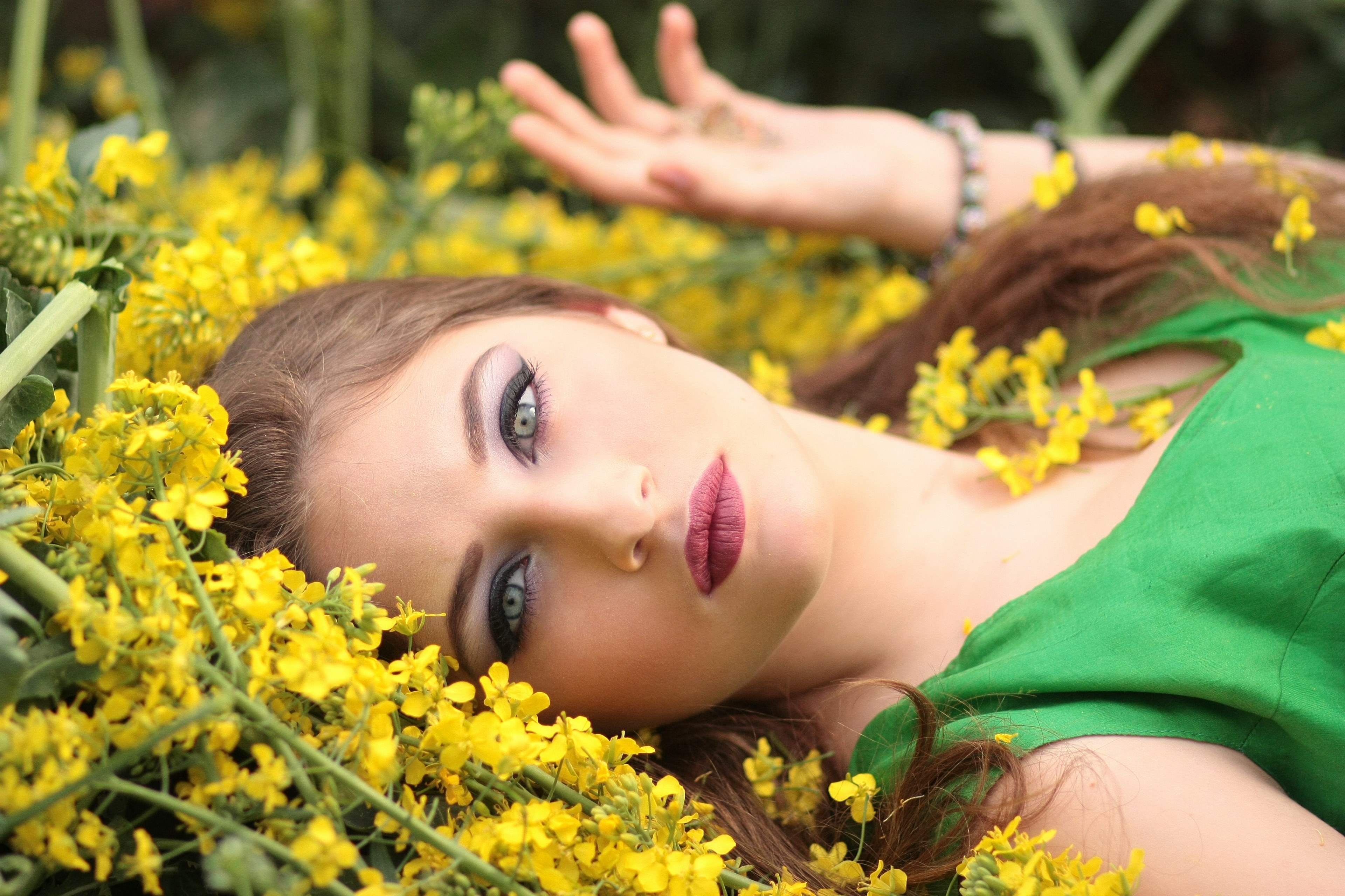 girl flowers yellow beauty nature 4k, HD Wallpaper