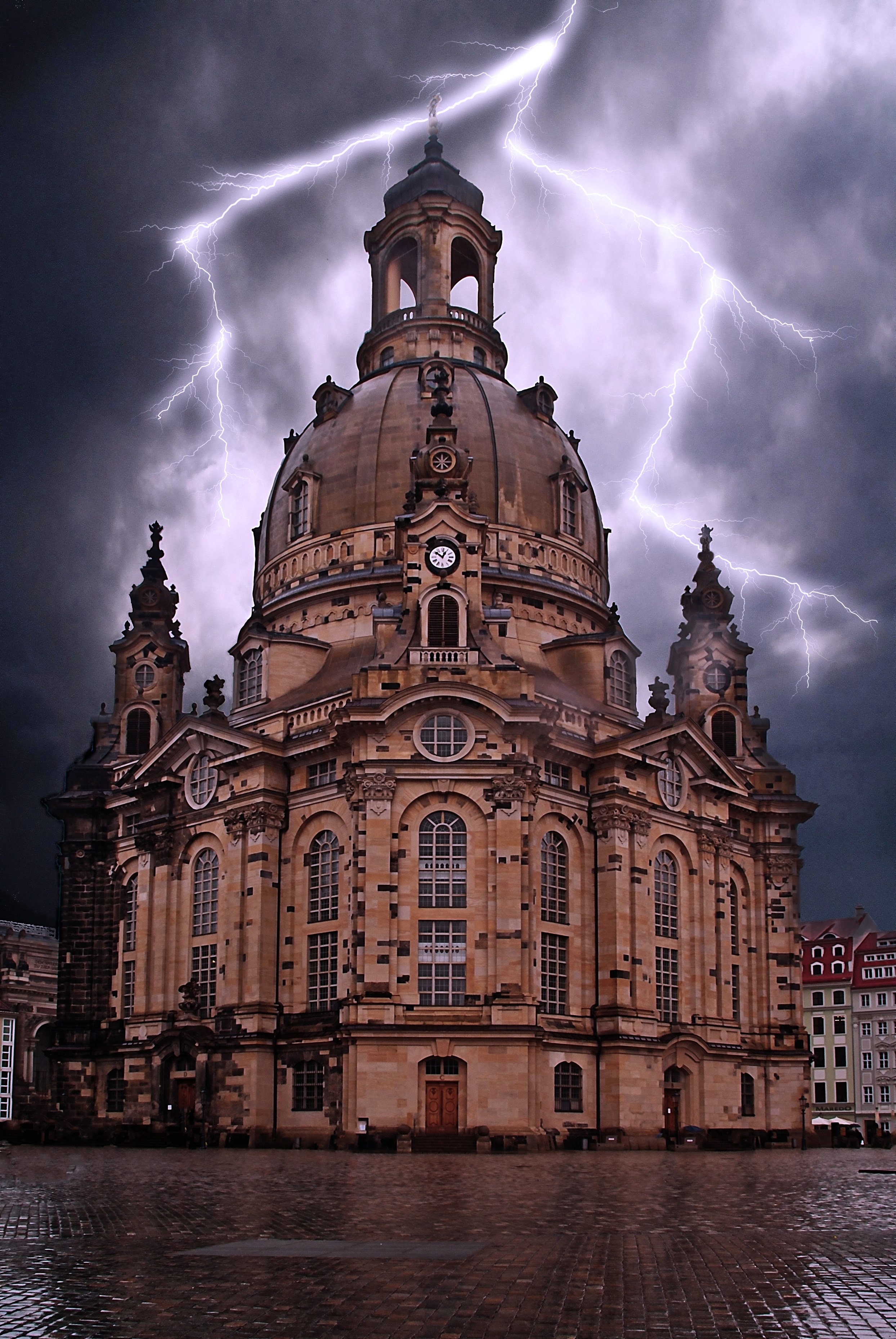 germany saxony dresden frauenkirche flash thunder 4k, Phone HD Wallpaper