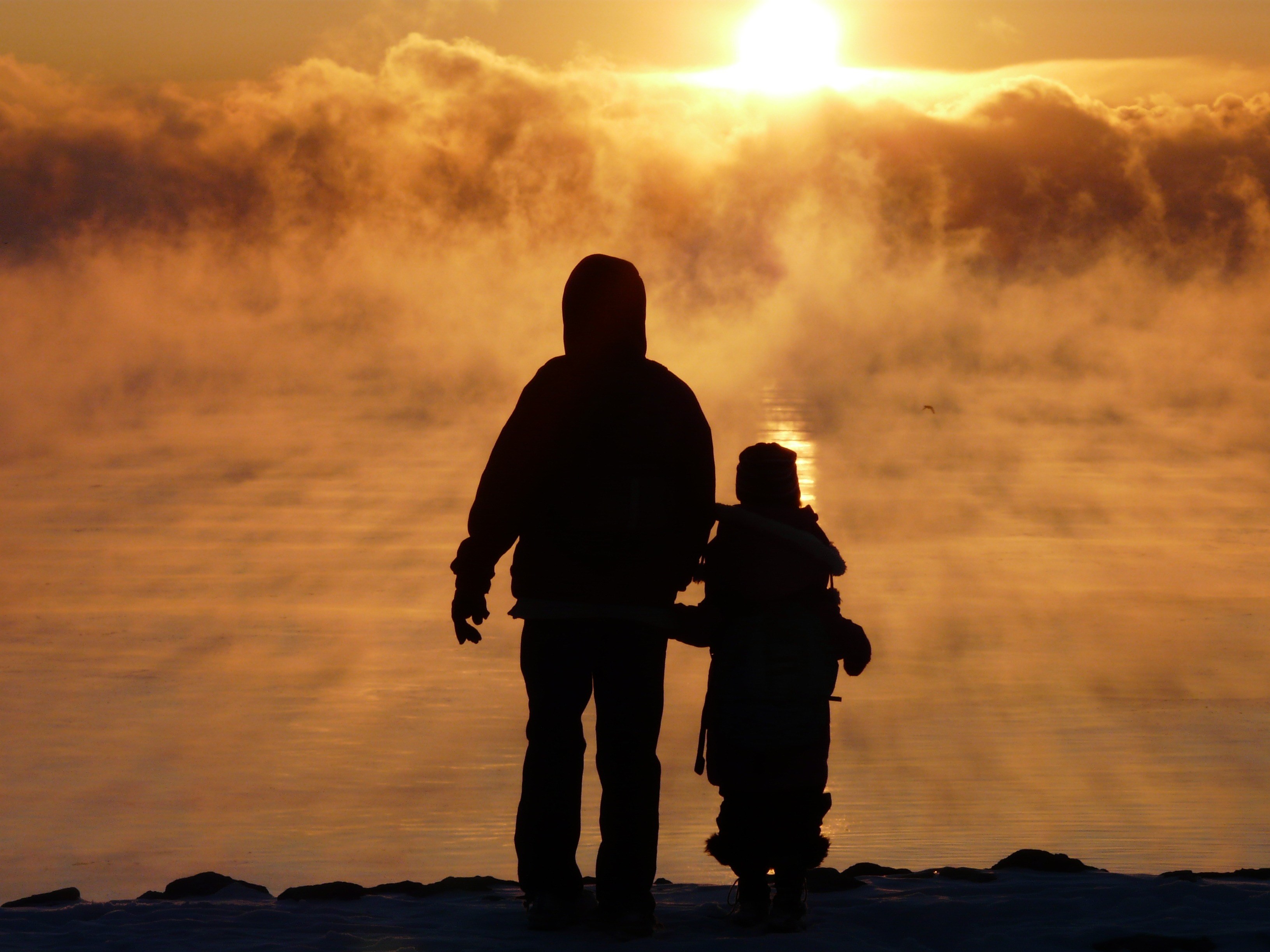 fog mist golden sunrise lake father son family 4k, HD Wallpaper