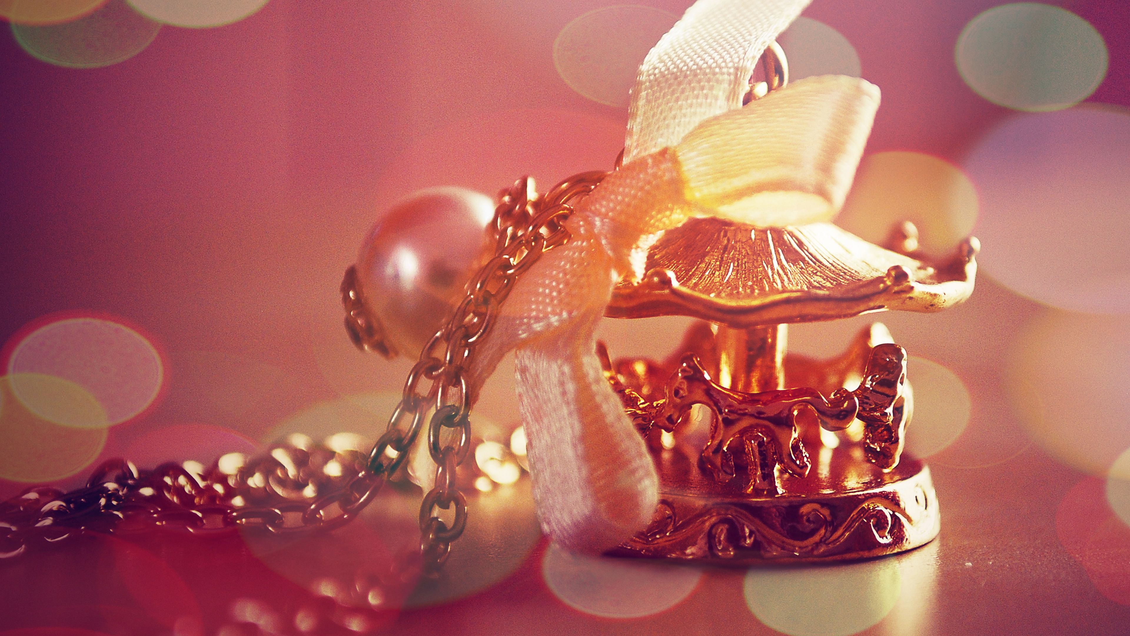 ornaments, gold ribbon, glare, 4k, HD Wallpaper