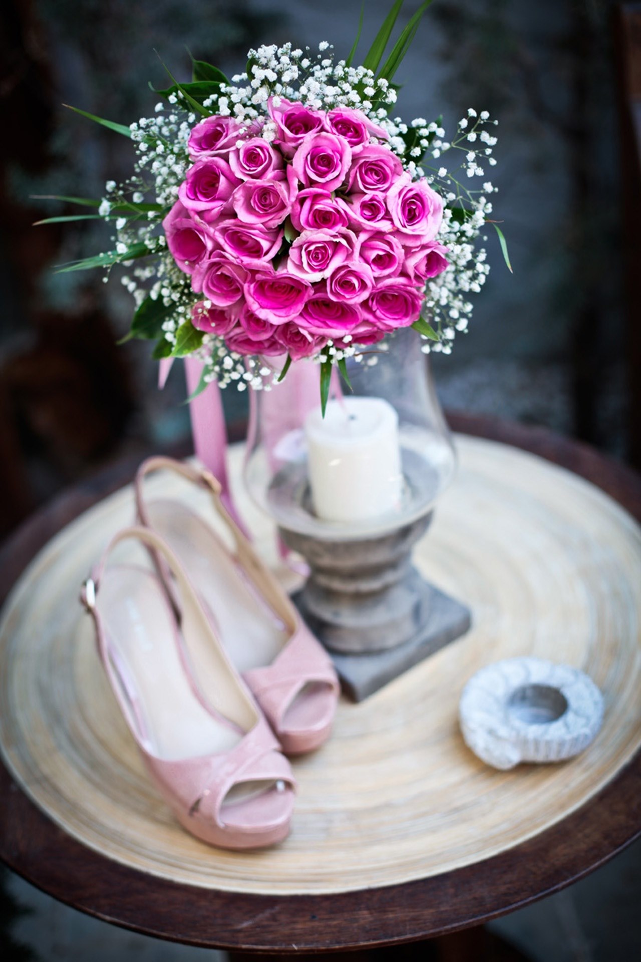 flower wedding detail bouquet shoes pink 4k, Phone HD Wallpaper