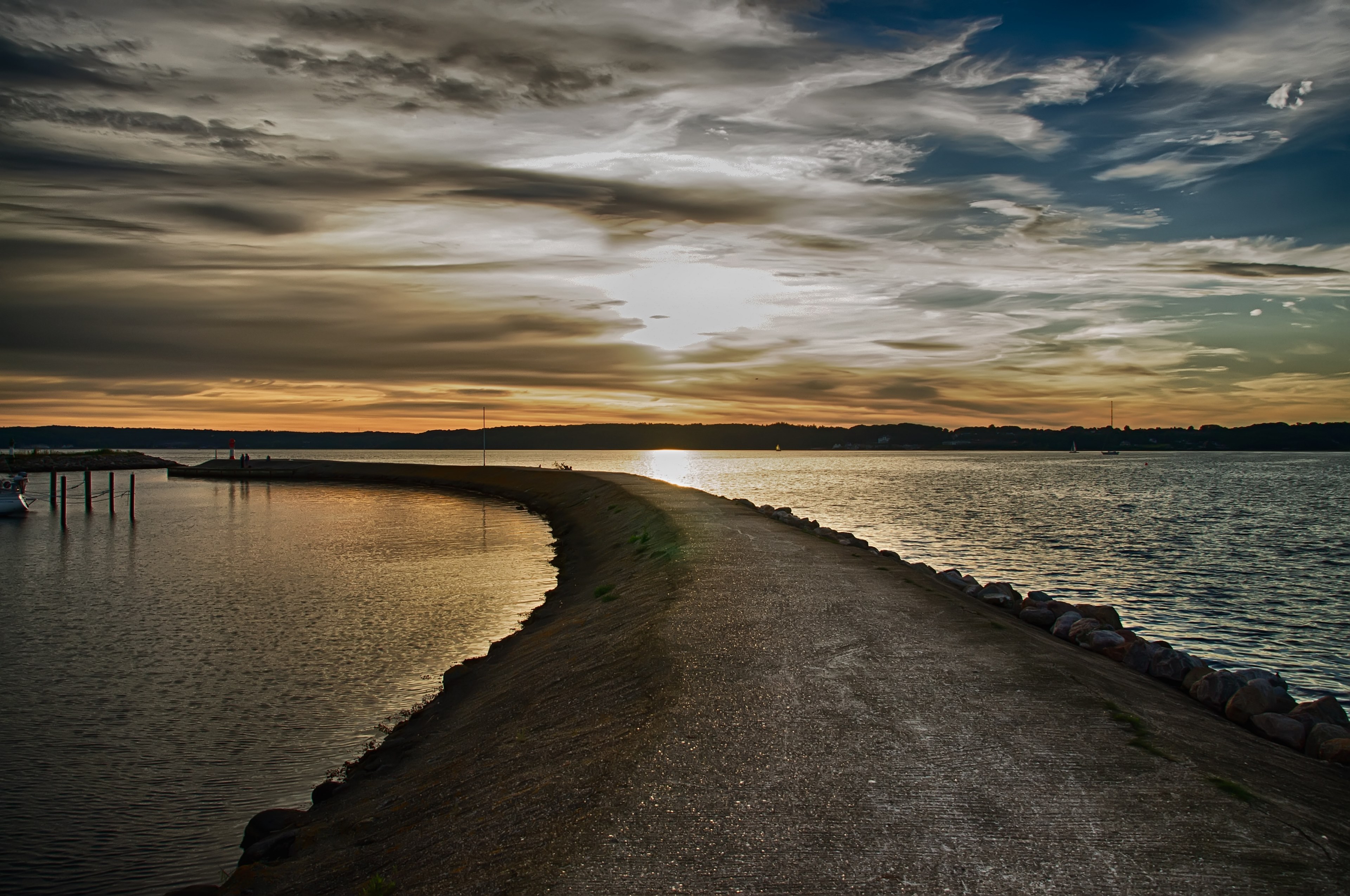 fjord water mole förde flensburg abendstimmung sea 4k, HD Wallpaper
