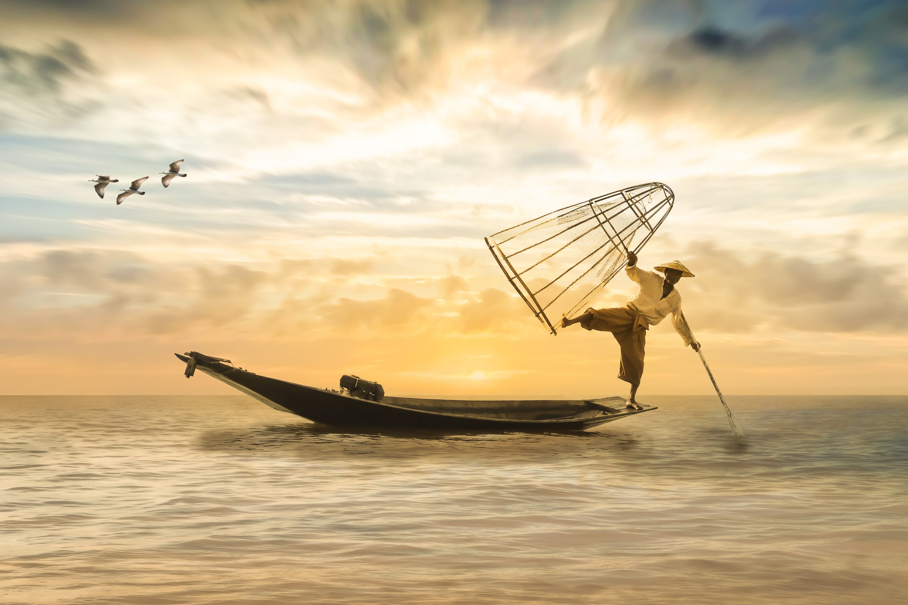 fischer fishing boat boot fish sea water lake 4k, HD Wallpaper