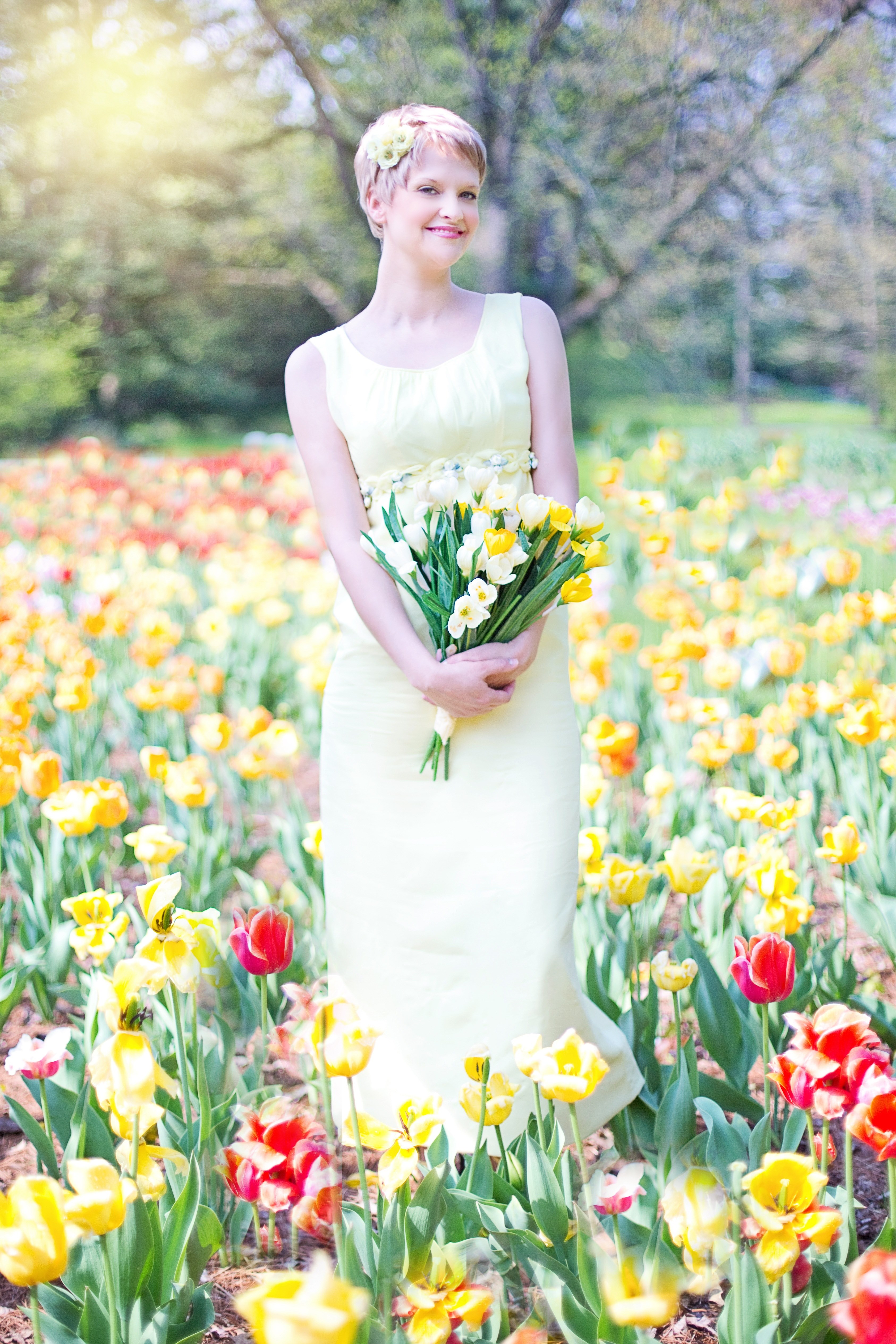 field of tulips young woman pretty spring joy 4k, Phone HD Wallpaper
