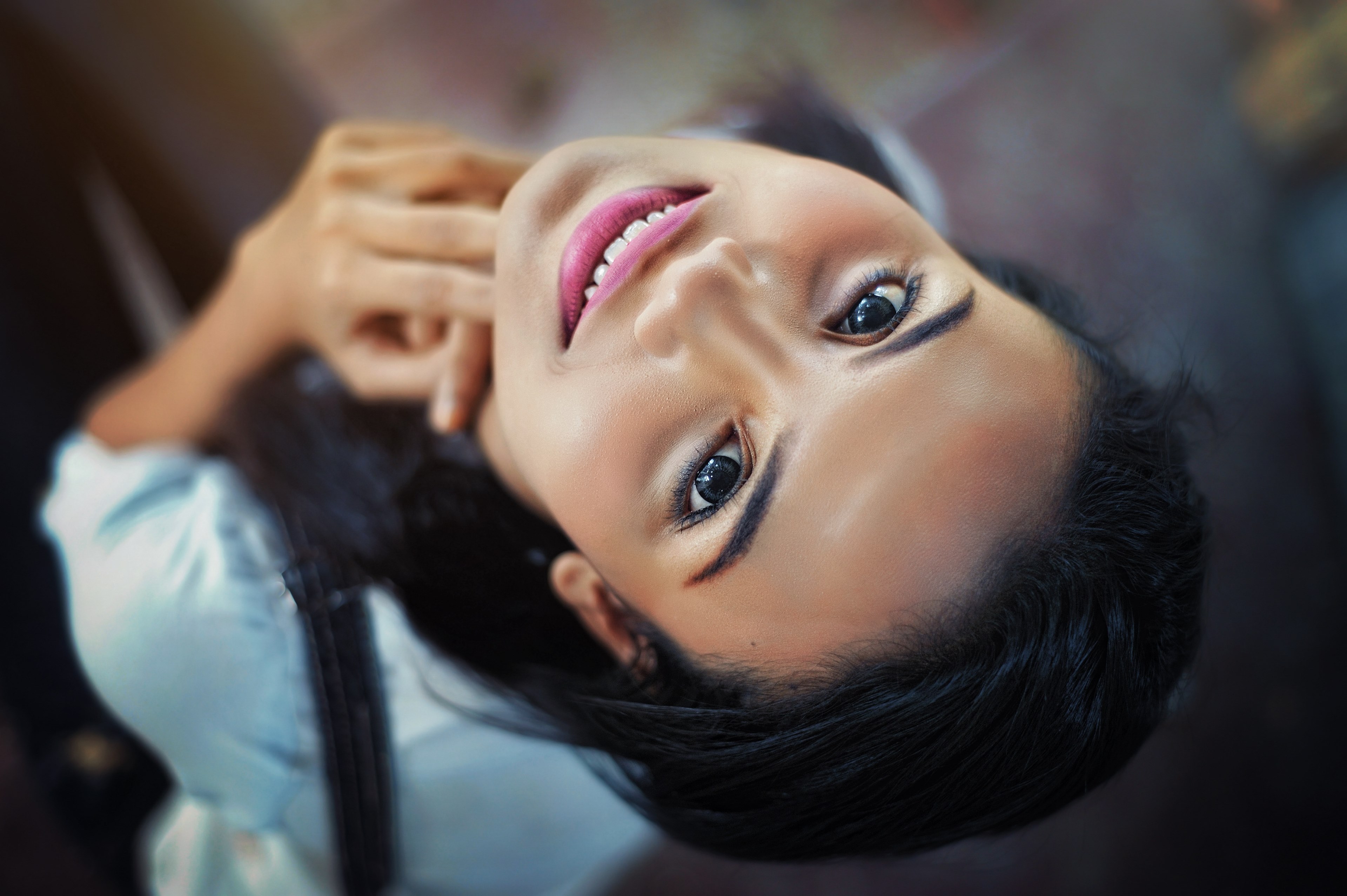 face close up eyes lips smile hair pose girl 4k, HD Wallpaper