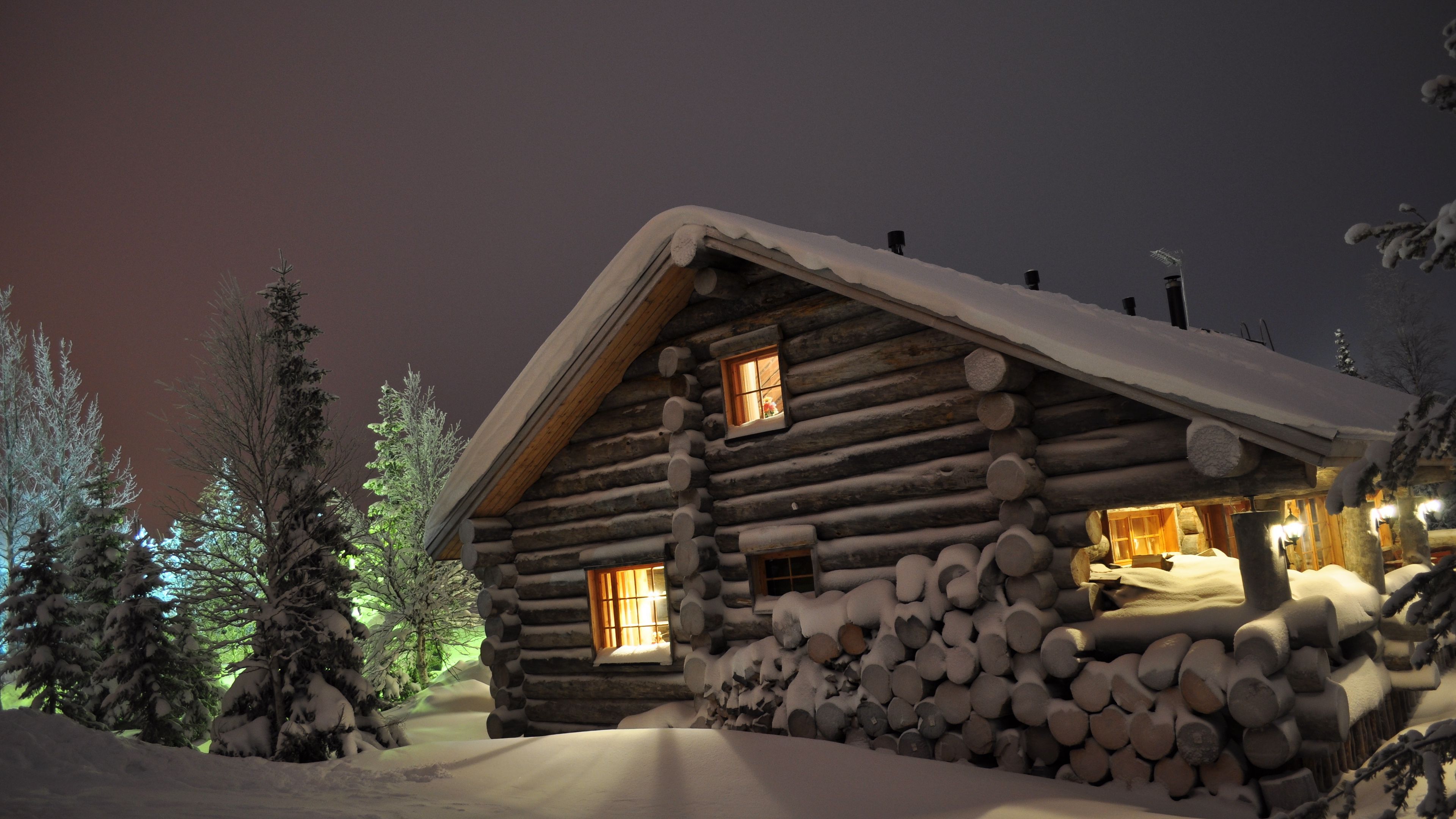 house, light, windows, winter, snowdrifts, logs, 4k, HD Wallpaper