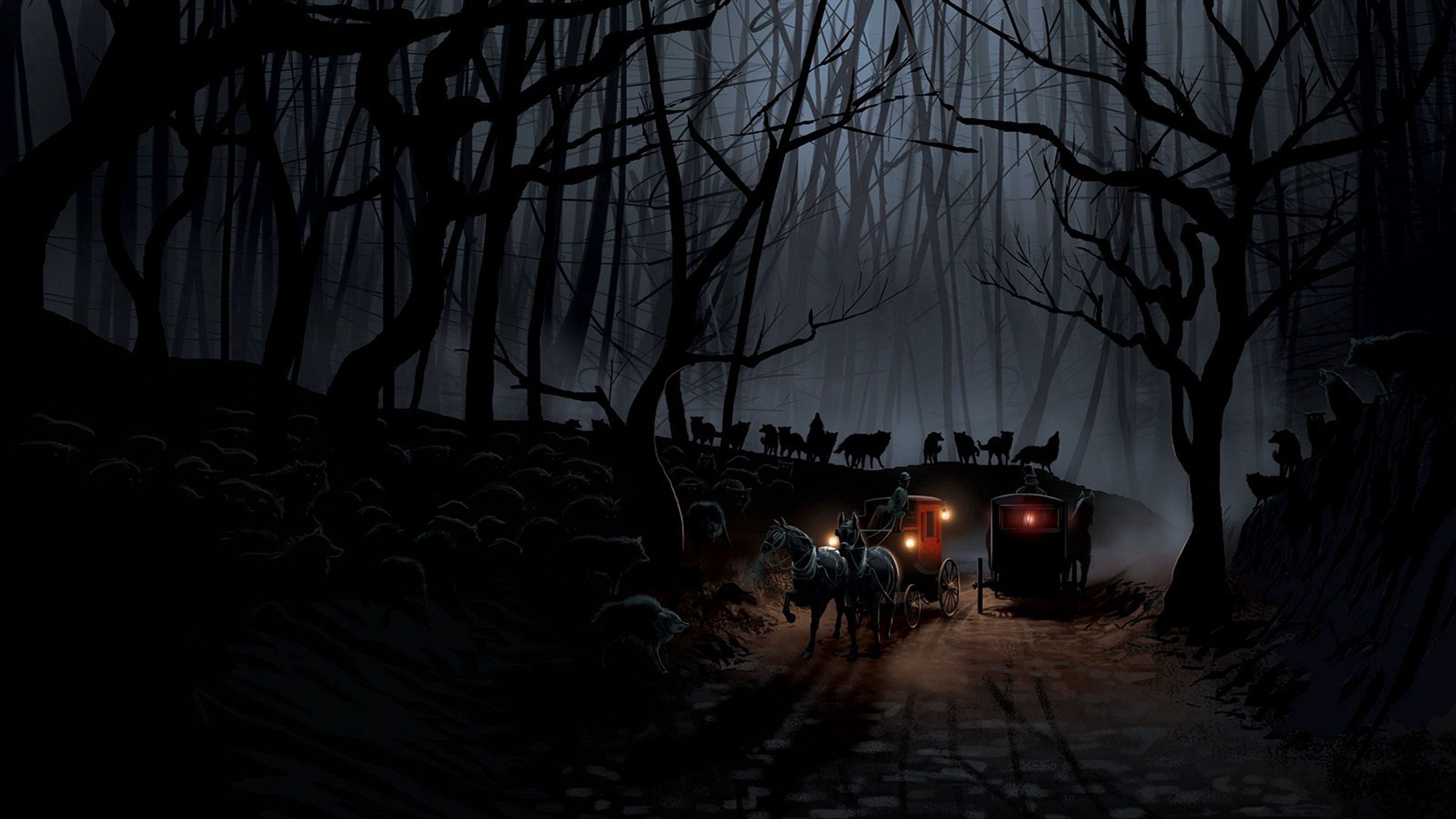 carriage, wood, night, wolves, flight, 4k, HD Wallpaper