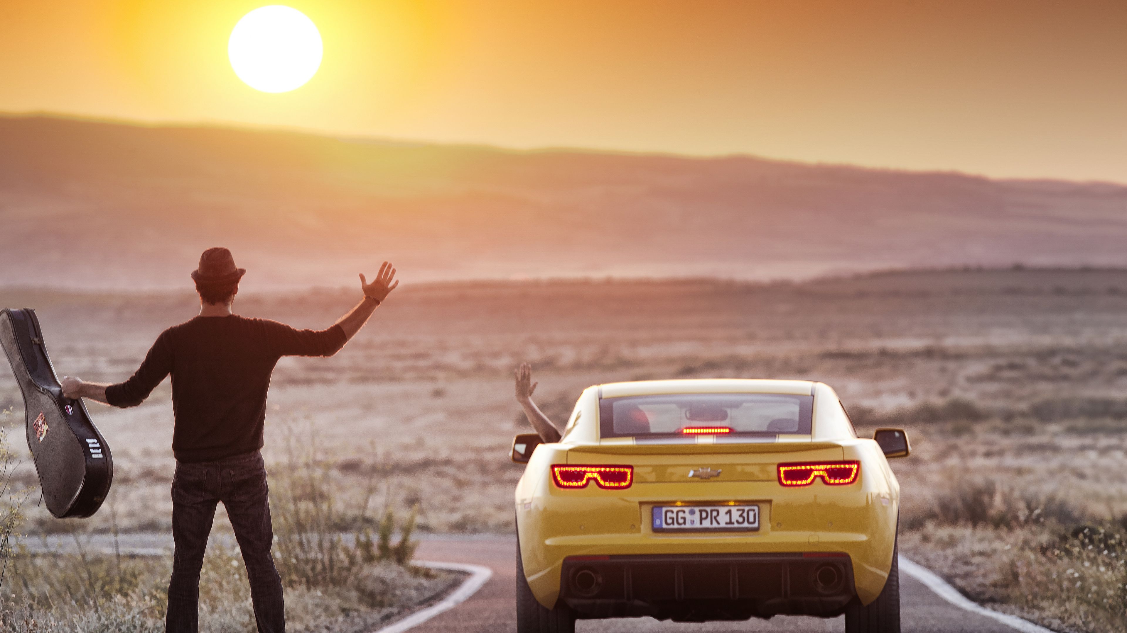 2012, camaro, chevrolet, guitar, mountain, man, landscape, nature, sun, situation, 4k, HD Wallpaper