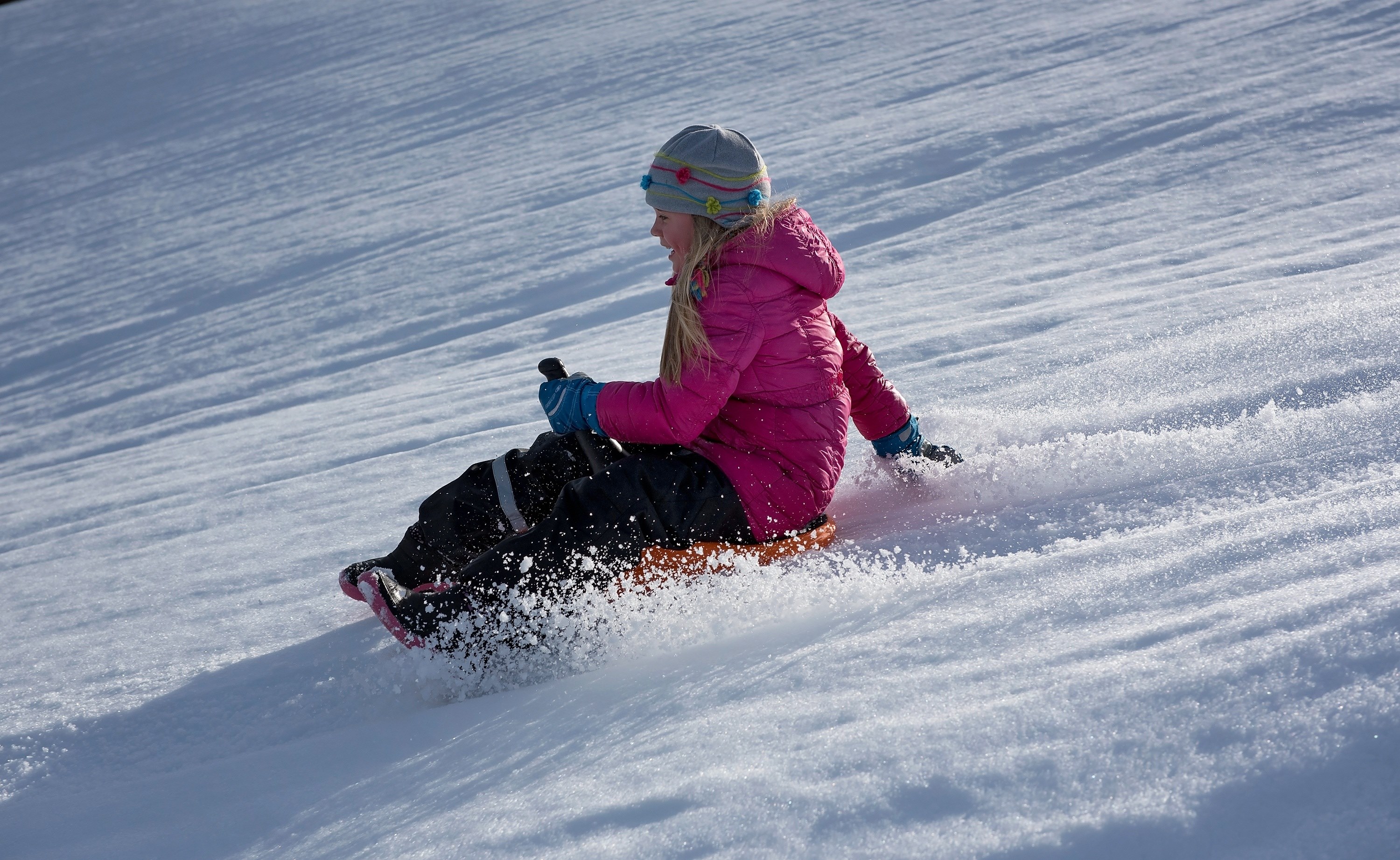 child girl winter snow bob ride on slip downhill 4k, HD Wallpaper
